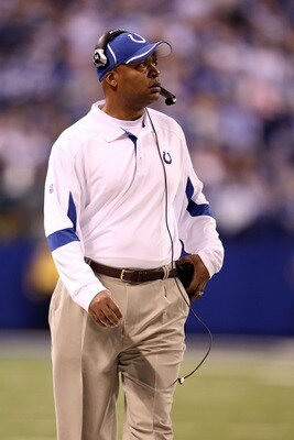 INDIANAPOLIS, IN - JANUARY 08:  Head coach Jim Caldwell of the Indianapolis Colts coaches against the New York Jets during their 2011 AFC wild card playoff game at Lucas Oil Stadium on January 8, 2011 in Indianapolis, Indiana. The Jets won 17-16.  (Photo