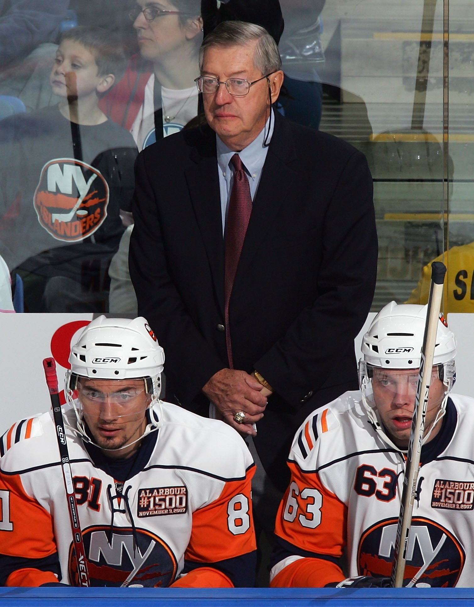 UNIONDALE, NY - NOVEMBER 03: Head coach Al Arbour of the New York Islanders stands behind the bench as he coaches his 1,500th game for the Islanders against the Pittsburgh Penguins on November 3, 2007 at Nassau Coliseum in Uniondale, New York. (Photo by J