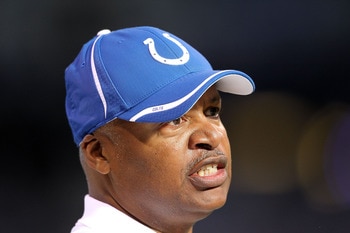 INDIANAPOLIS - NOVEMBER 14:  Jim Caldwell the Head Coach of the Indianapolis Colts gives instructions to his team during the NFL game against the Cincinnati Bengals at Lucas Oil Stadium on November 14, 2010 in Indianapolis, Indiana.  (Photo by Andy Lyons/