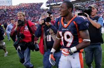DENVER - SEPTEMBER 14:  Wide receiver Eddie Royal #19 of the Denver Broncos leaves the field after facing the San Diego Chargers during NFL action at Invesco Field at Mile High on September 14, 2008 in Denver, Colorado. The Broncos defeated the Chargers 3