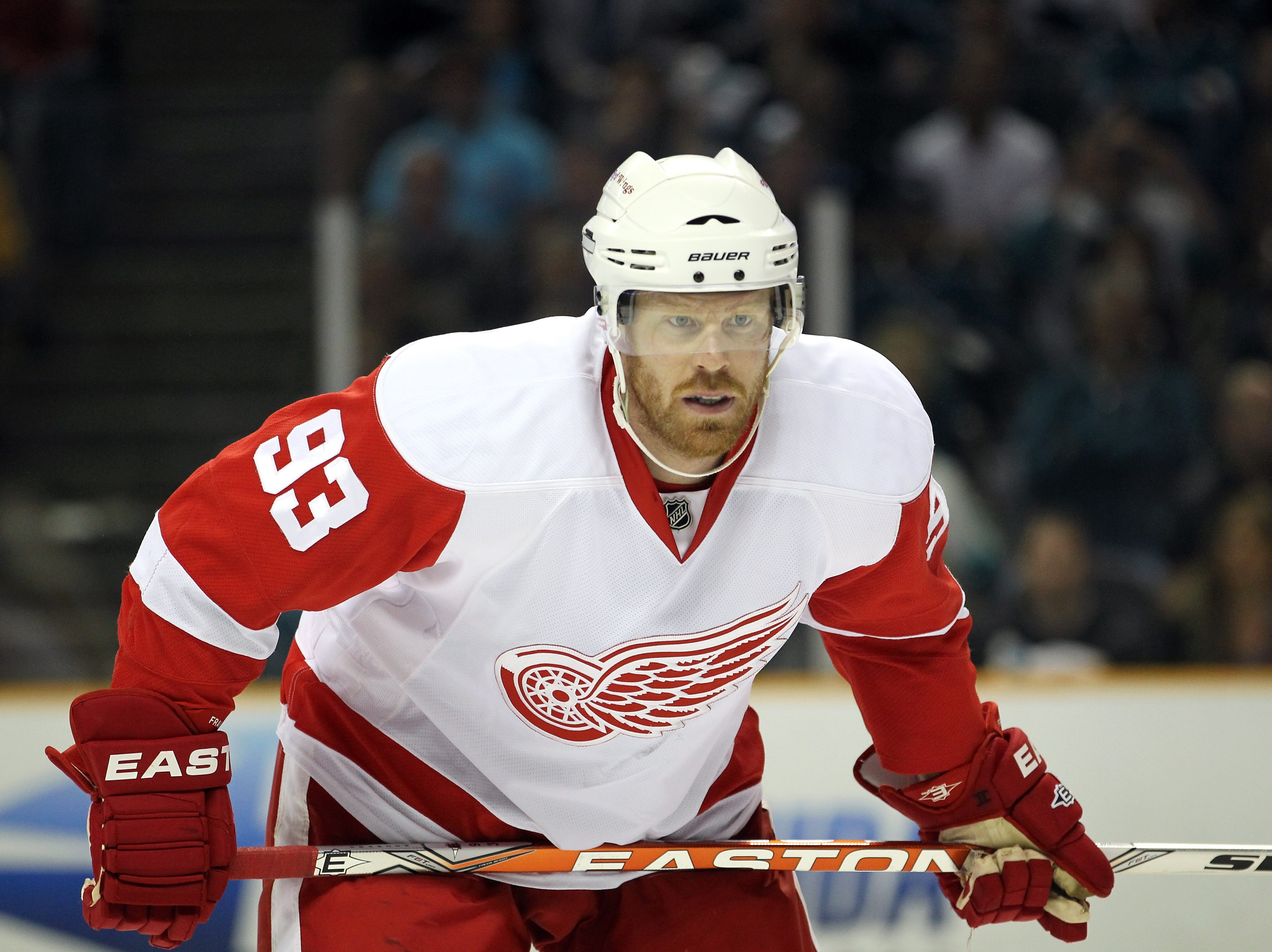 SAN JOSE, CA - MAY 01:  Johan Franzen #93 of the Detroit Red Wings in action against the San Jose Sharks in Game Two of the Western Conference Semifinals during the 2011 NHL Stanley Cup Playoffs at HP Pavilion on May 1, 2011 in San Jose, California.  (Pho