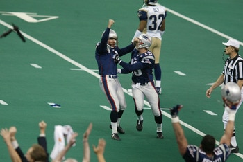 03 Feb 2002:   Adam Vinatieri #4 of the New England Patriots breaks into celebration after kicking the game winning field goal against the St.Louis Rams during Superbowl XXXVI at the Superdome in New Orleans, Louisiana.  The Patriots defeated the Rams 20-