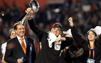 MIAMI GARDENS, FL - FEBRUARY 07:  Head coach Sean Payton of the New Orleans Saints celebrates with the Vince Lombardi Trophy after his team defeated the Indianapolis Colts during Super Bowl XLIV on February 7, 2010 at Sun Life Stadium in Miami Gardens, Fl