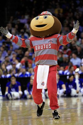NEWARK, NJ - MARCH 25: Brutus the Ohio State Buckeyes mascot walks on the court during the game against the Kentucky Wildcats in the east regional semifinal of the 2011 NCAA Men's Basketball Tournament at the Prudential Center on March 25, 2011 in Newark, NEWARK, NJ - MARCH 25: Brutus the Ohio State Buckeyes mascot walks on the court during the game against the Kentucky Wildcats in the east regional semifinal of the 2011 NCAA Men's Basketball Tournament at the Prudential Center on March 25, 2011 in Newark,