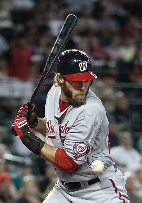 PHOENIX, AZ - JUNE 05:  Jayson Werth #28 of the Washington Nationals is hit by a pitch from the Arizona Diamondbacks during the fifth inning of the Major League Baseball game at Chase Field on June 5, 2011 in Phoenix, Arizona.  (Photo by Christian Peterse