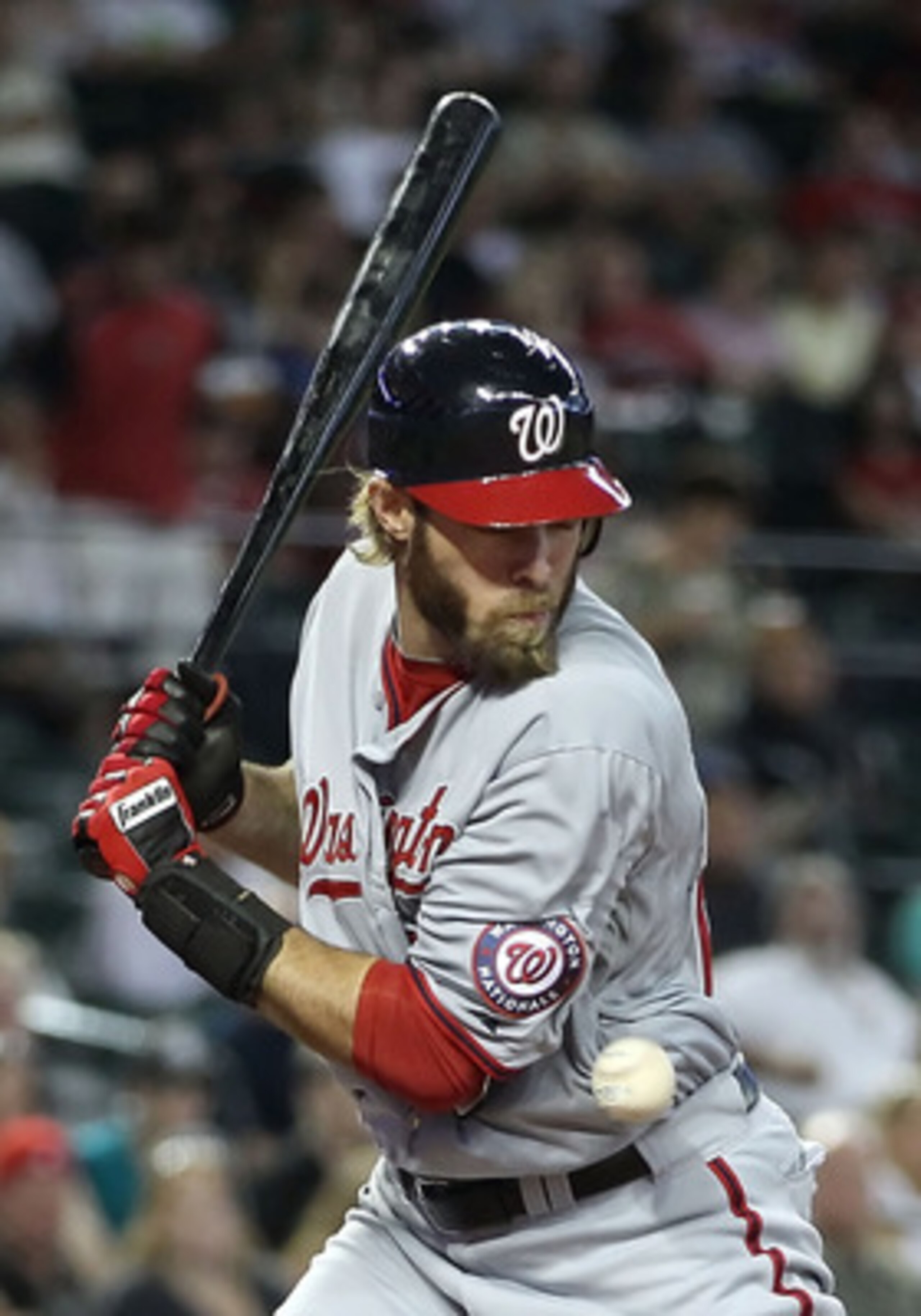 PHOENIX, AZ - JUNE 05:  Jayson Werth #28 of the Washington Nationals is hit by a pitch from the Arizona Diamondbacks during the fifth inning of the Major League Baseball game at Chase Field on June 5, 2011 in Phoenix, Arizona.  (Photo by Christian Peterse