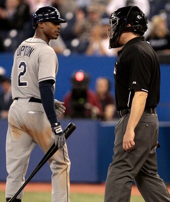 TORONTO, CANADA - MAY 18: B.J. Upton #2 of the Tampa Bay Rays argues a strike call with Tim Welke during MLB action against the Toronto Blue Jays at the Rogers Centre May 18, 2011 in Toronto, Ontario, Canada. (Photo by Abelimages/Getty Images)