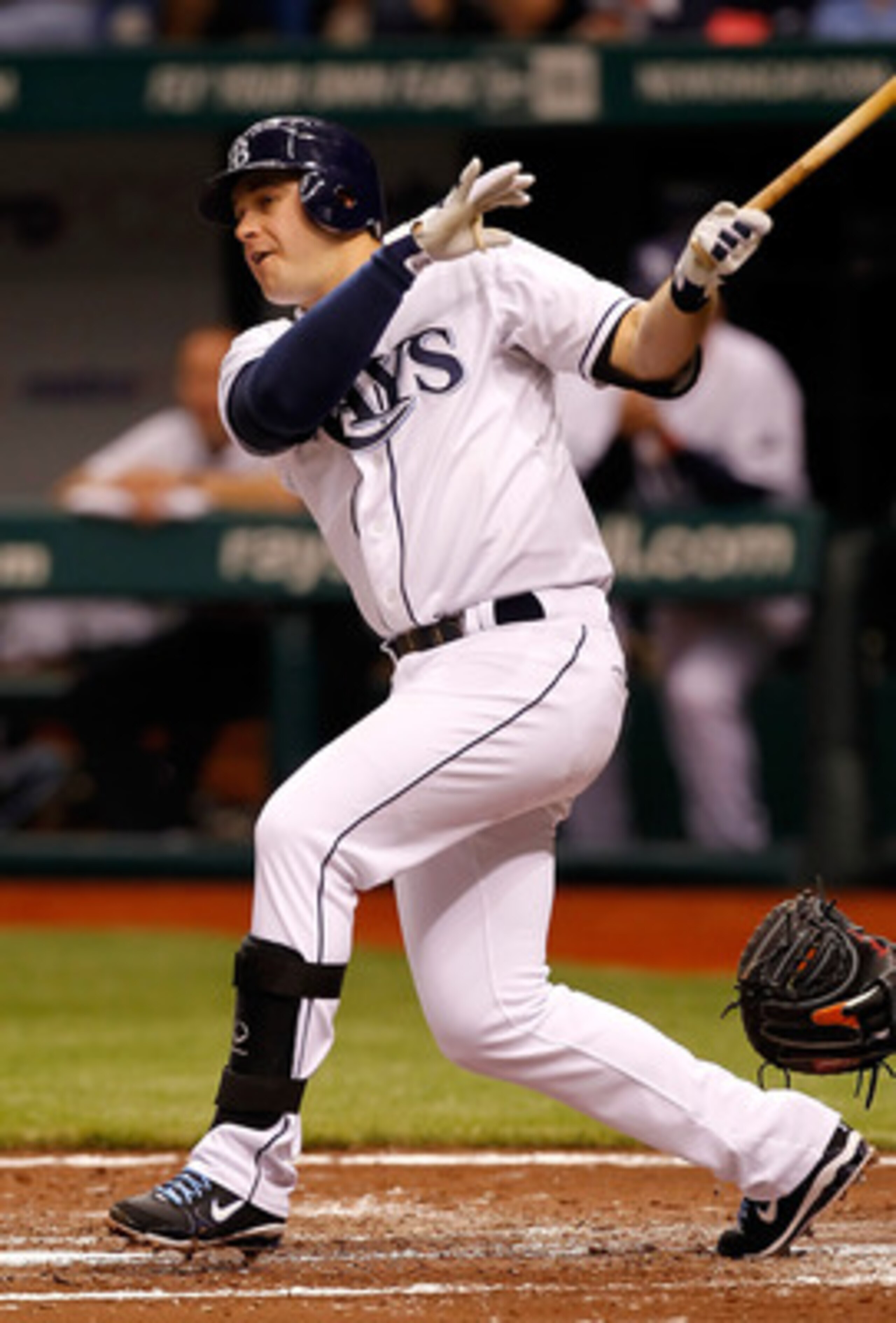 ST. PETERSBURG, FL - MAY 14:  Infielder Evan Longoria #3 of the Tampa Bay Rays fouls off a pitch against the Baltimore Orioles during the game at Tropicana Field on May 14, 2011 in St. Petersburg, Florida.  (Photo by J. Meric/Getty Images)