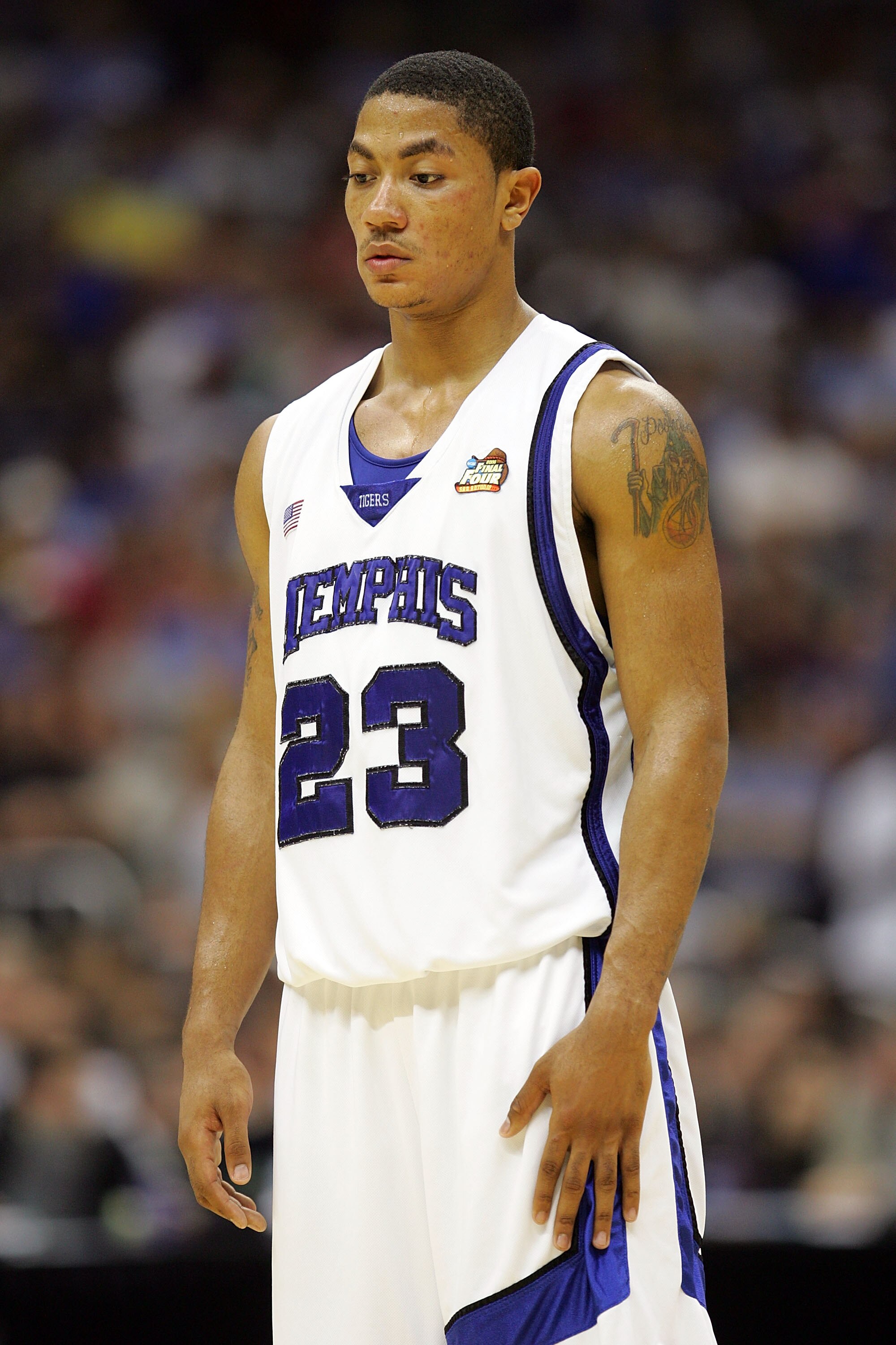 SAN ANTONIO - APRIL 07:  Derrick Rose #23 of the Memphis Tigers looks down in the final minutes of overtime against the Kansas Jayhawks during the 2008 NCAA Men's National Championship game at the Alamodome on April 7, 2008 in San Antonio, Texas.  The Jay