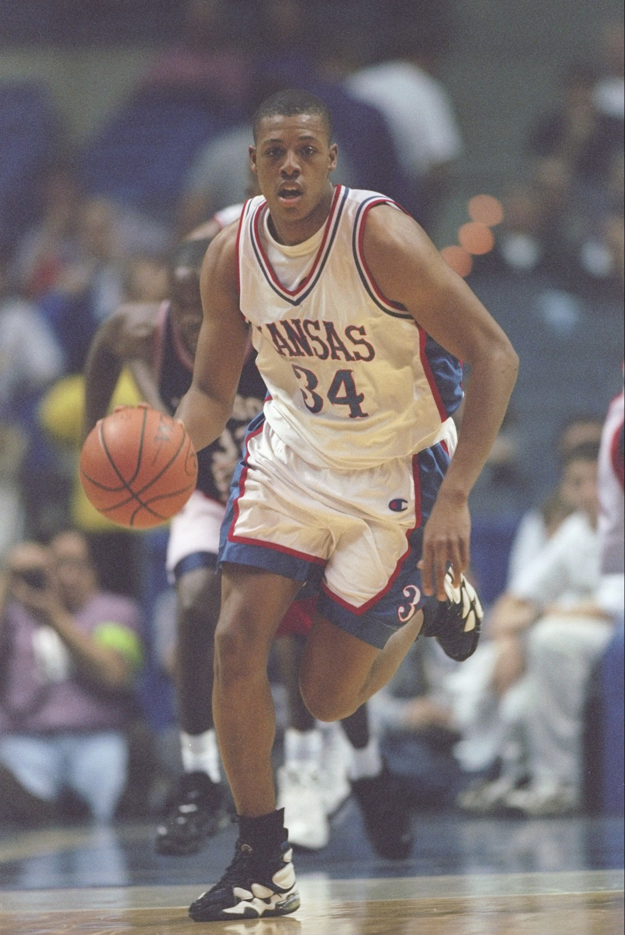13 Mar 1997:  Forward Paul Pierce of the Kansas Jayhawks dribbles down the court during a playoff game against the Jackson State Tigers at the Pyramid in Memphis, Tennessee.  The Jayhawks won the game 78 - 64. Mandatory Credit: Stephen Dunn  /Allsport