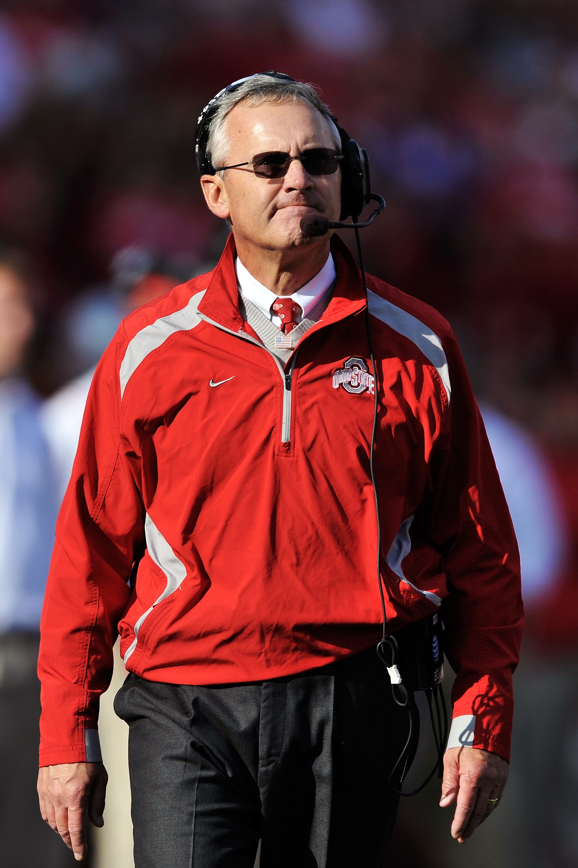 COLUMBUS, OH - OCTOBER 10:  Head coach Jim Tressel of the Ohio State Buckeyes looks up at the clock during a game against the Wisconsin Badgers at Ohio Stadium on October 10, 2009 in Columbus, Ohio.  Ohio State defeated Wisconsin 31-13.  (Photo by Jamie S
