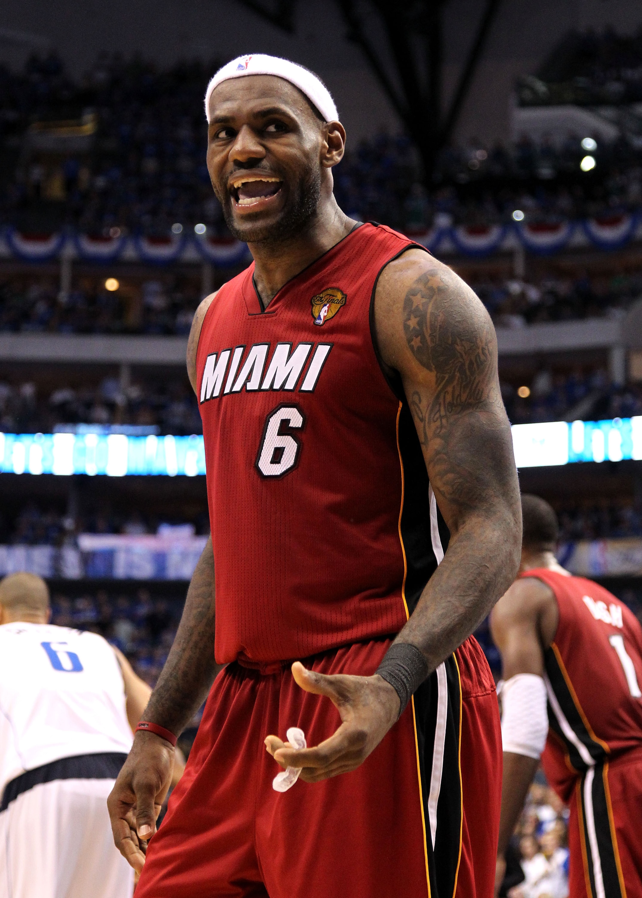 DALLAS, TX - JUNE 05:  LeBron James #6 of the Miami Heat reacts in the fourth quarter while taking on the Dallas Mavericks in Game Three of the 2011 NBA Finals at American Airlines Center on June 5, 2011 in Dallas, Texas.  NOTE TO USER: User expressly ack