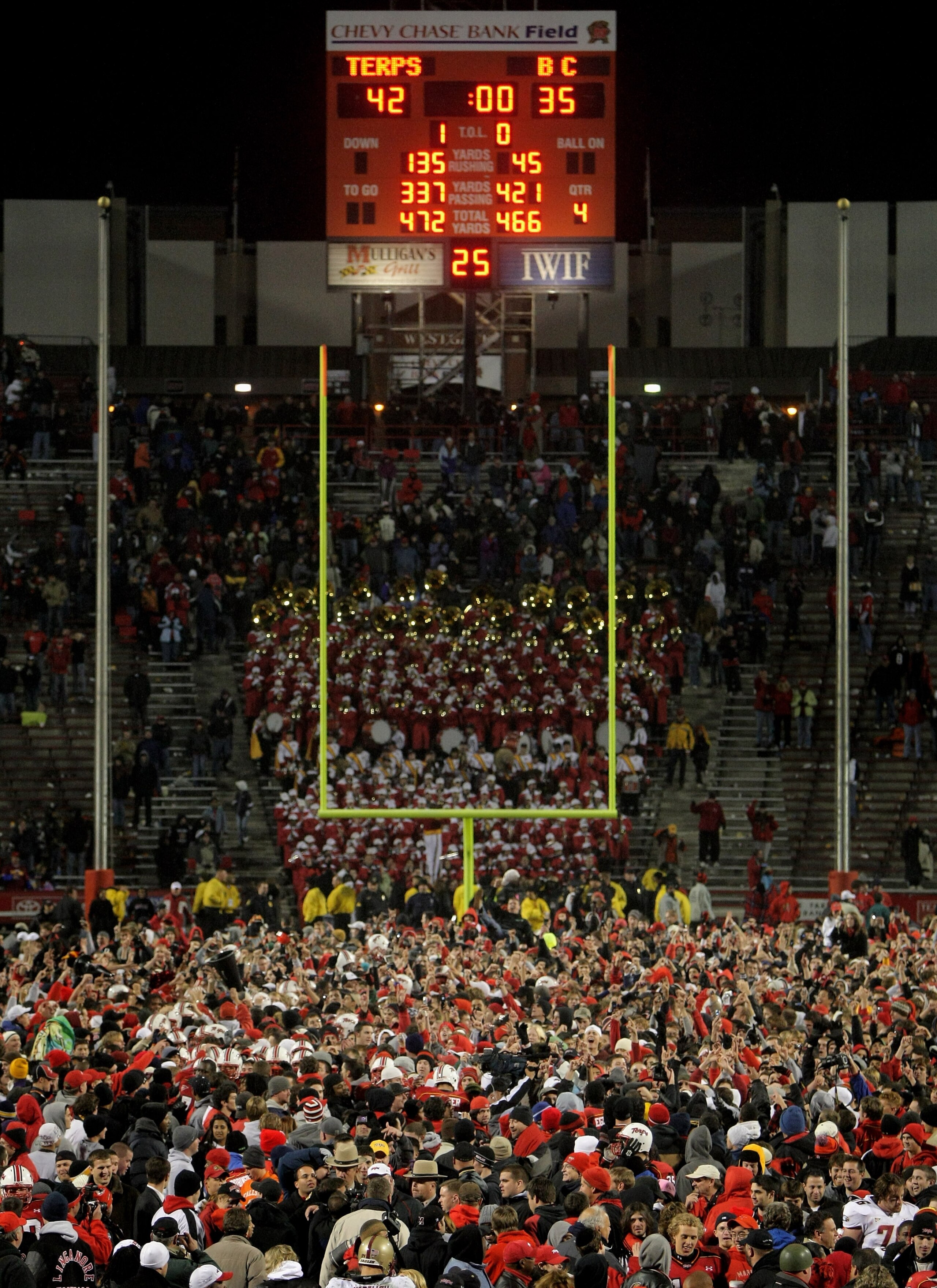 COLLEGE PARK, MD - NOVEMBER 10:  Maryland fans flooded the field after the Maryland Terrapins defeated the Boston College Eagles 42-35 at Byrd Stadium on November 10, 2007 in College Park, Maryland.  (Photo by Doug Pensinger/Getty Images)