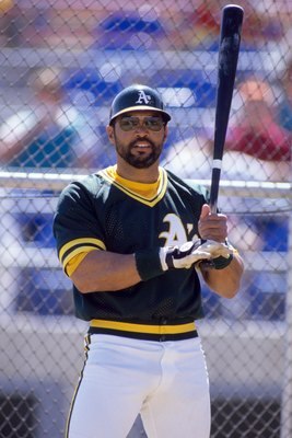 1987:  Reggie Jackson #44 of the Oakland Athletics bats during a game in the 1987 season. (Photo by Otto Greule Jr/Getty Images)