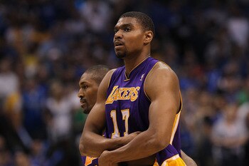 DALLAS, TX - MAY 08:  Andrew Bynum #17 of the Los Angeles Lakers is ejected from play against the Dallas Mavericks in Game Four of the Western Conference Semifinals during the 2011 NBA Playoffs on May 8, 2011 at American Airlines Center in Dallas, Texas. 