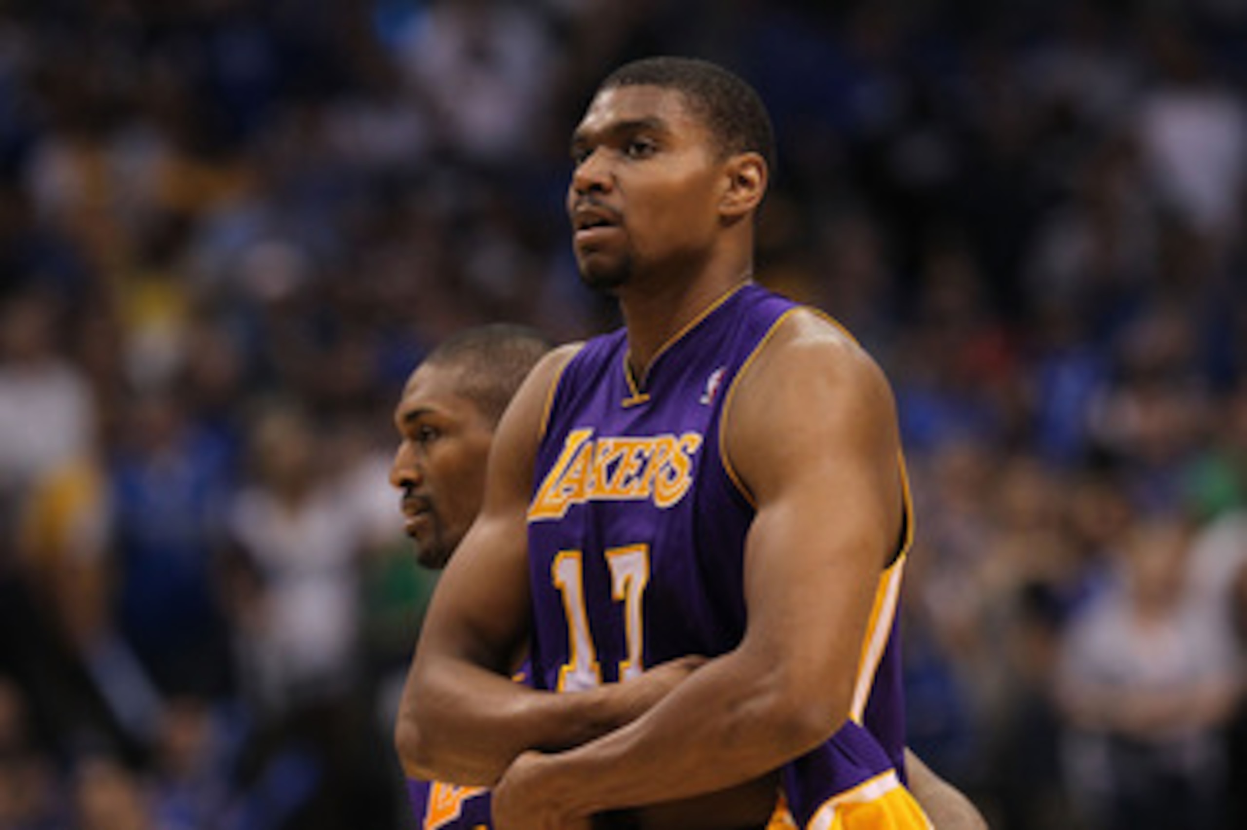 DALLAS, TX - MAY 08:  Andrew Bynum #17 of the Los Angeles Lakers is ejected from play against the Dallas Mavericks in Game Four of the Western Conference Semifinals during the 2011 NBA Playoffs on May 8, 2011 at American Airlines Center in Dallas, Texas. 