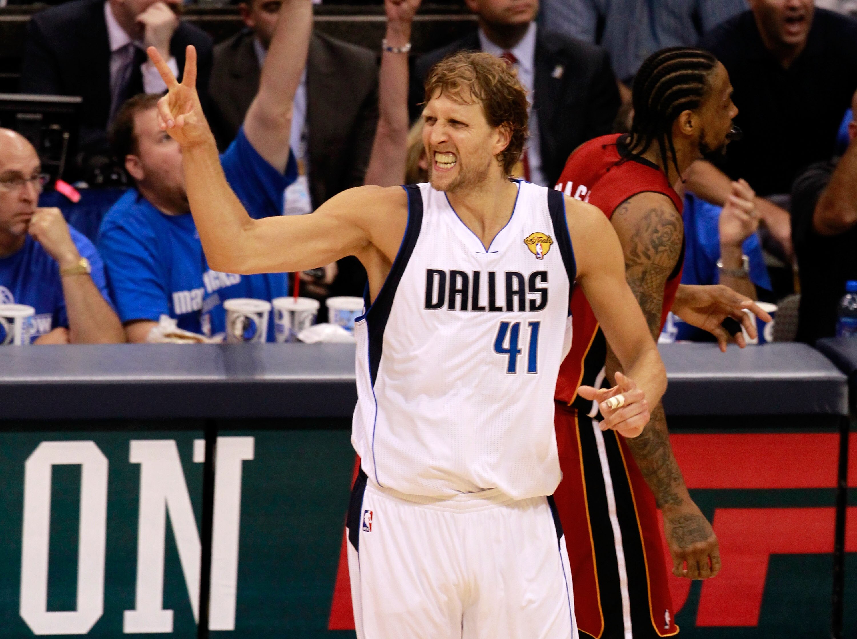 DALLAS, TX - JUNE 05:  Dirk Nowitzki #41 of the Dallas Mavericks reacts in the second half while taking on the Miami Heat in Game Three of the 2011 NBA Finals at American Airlines Center on June 5, 2011 in Dallas, Texas.  NOTE TO USER: User expressly ackn