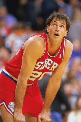 LOS ANGELES - 1987:  Danny Vranes #20 of the Philadelphia 76ers rests during the 1987-1988 NBA season game against the Los Angele Lakers at the Great Western Forum in Los Angeles California.  (Photo by Stephen Dunn/Getty Images)
