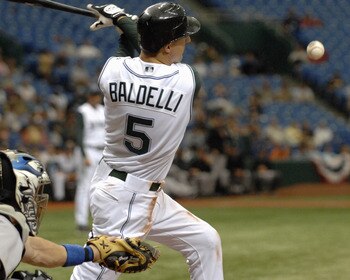 Tampa Bay Devil Rays  outfielder Rocco Baldelli pulls a pitch against the Toronto Blue Jays, April 8, 2007 in St. Petersburg, Florida. The Jays defeated the Rays 6-3. (Photo by A. Messerschmidt/Getty Images) *** Local Caption ***