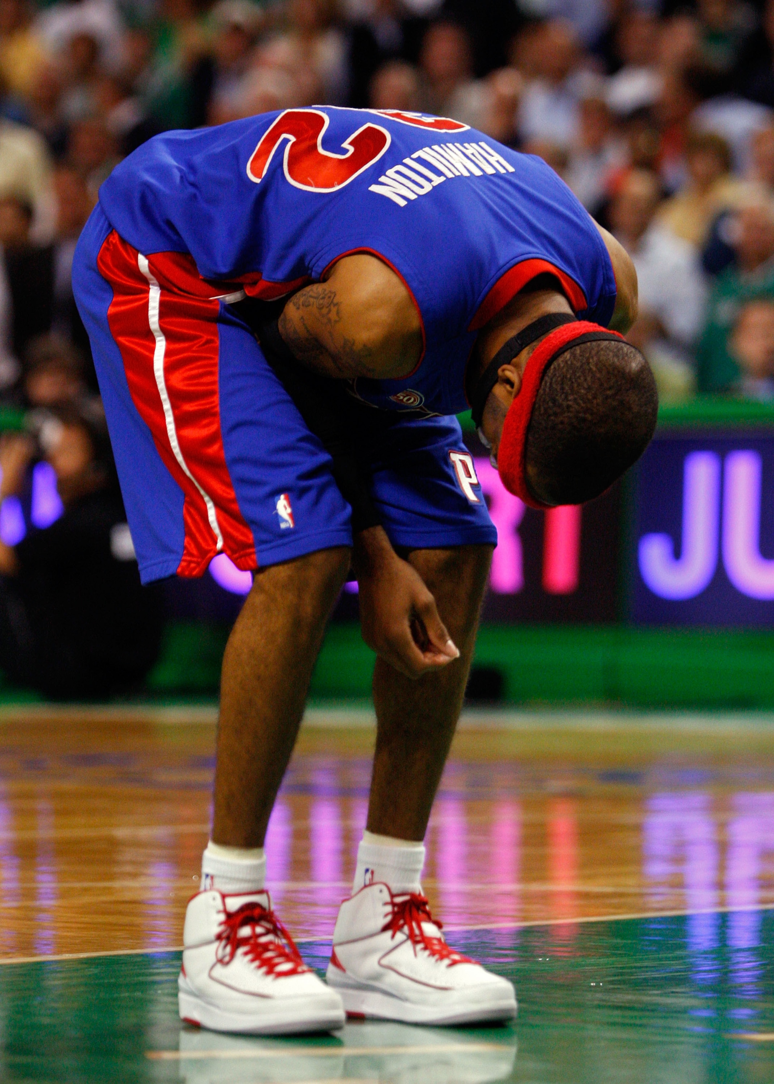 BOSTON - MAY 28:  Richard Hamilton #32 of the Detroit Pistons reacts hurting his arm against the Boston Celtics during Game Five of the Eastern Conference finals during the 2008 NBA Playoffs at TD Banknorth Garden on May 28, 2008 in Boston, Massachusetts.