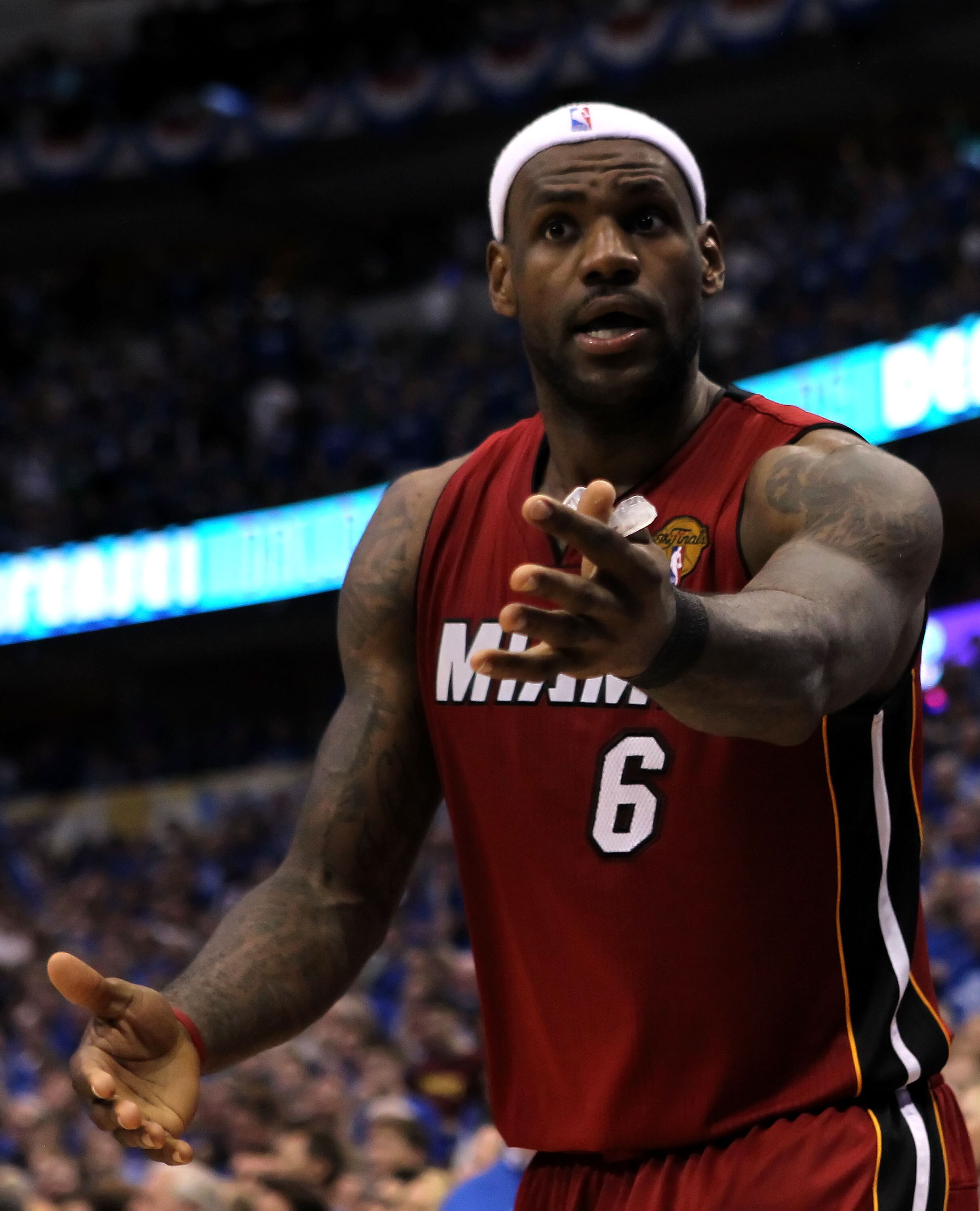 DALLAS, TX - JUNE 05:  LeBron James #6 of the Miami Heat reacts in the fourth quarter while taking on the Dallas Mavericks in Game Three of the 2011 NBA Finals at American Airlines Center on June 5, 2011 in Dallas, Texas.  NOTE TO USER: User expressly ack