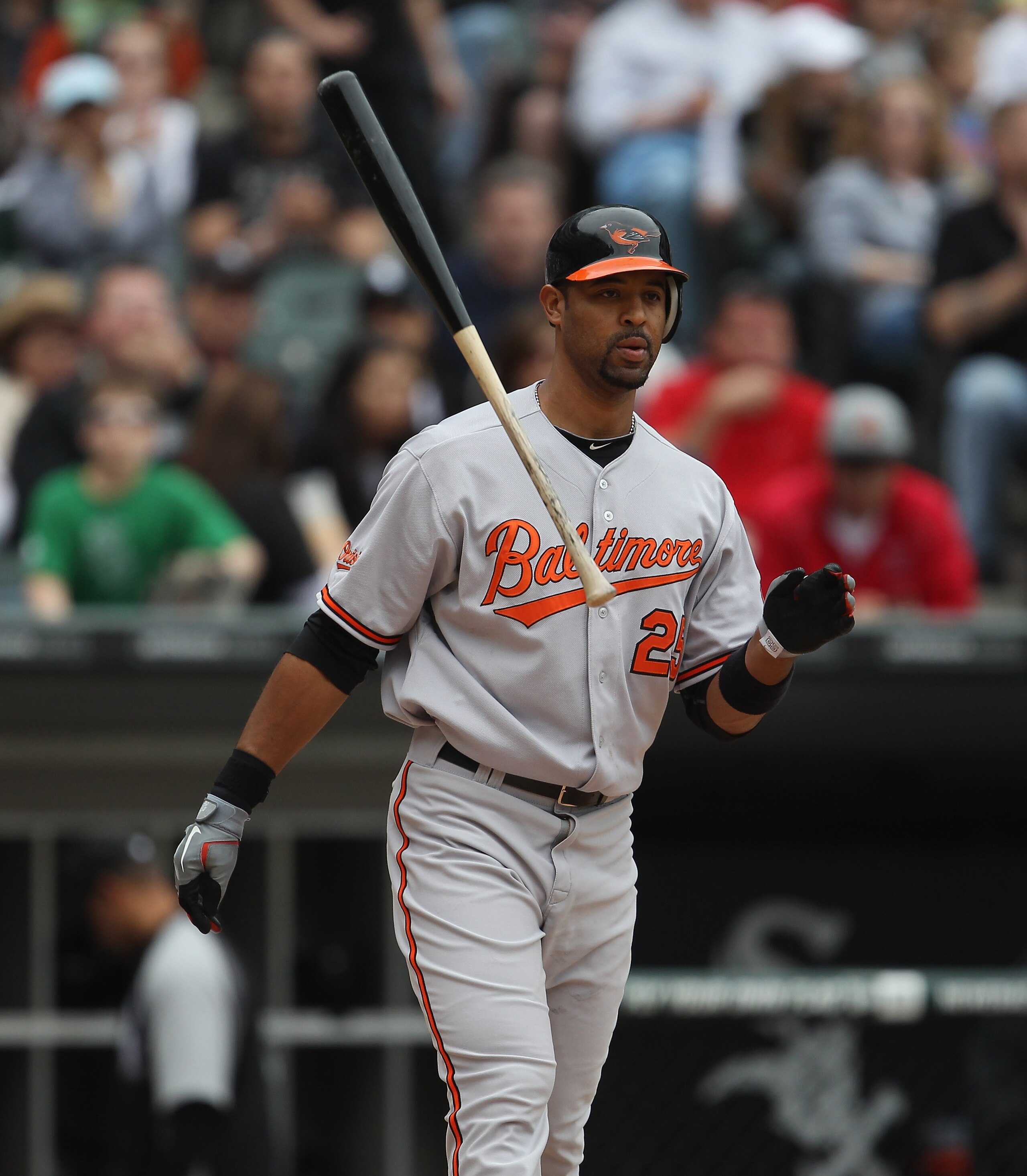 CHICAGO, IL - MAY 01: Derrek Lee #25 of the Baltimore Orioles throws his bat after striking out against the Chicago White Sox at U.S. Cellular Field on May 1, 2011 in Chicago, Illinois. The Orioles defeated the White Sox 6-4. (Photo by Jonathan Daniel/Get