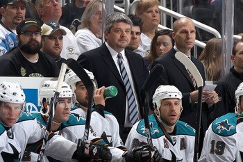 PITTSBURGH, PA - FEBRUARY 23:  Head coach Todd McLellan of the San Jose Sharks watches from the bench during the NHL game against the Pittsburgh Penguins at Consol Energy Center on February 23, 2011 in Pittsburgh, Pennsylvania.  The Sharks defeated the Pe