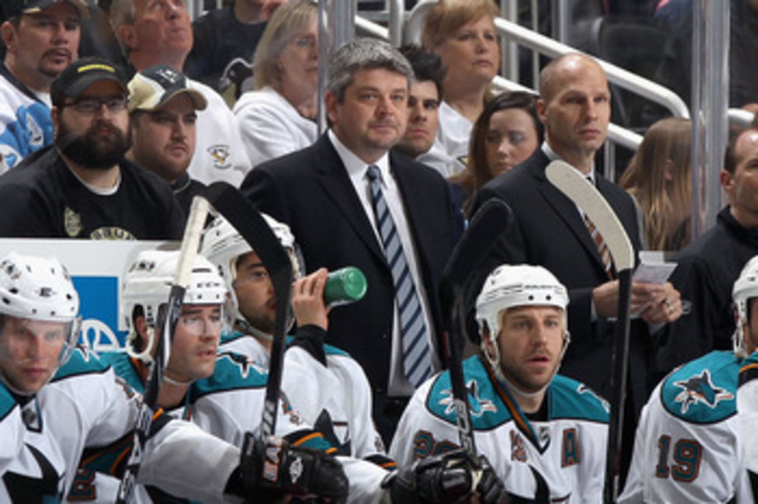 PITTSBURGH, PA - FEBRUARY 23: Head coach Todd McLellan of the San Jose Sharks watches from the bench during the NHL game against the Pittsburgh Penguins at Consol Energy Center on February 23, 2011 in Pittsburgh, Pennsylvania. The Sharks defeated the Pe PITTSBURGH, PA - FEBRUARY 23: Head coach Todd McLellan of the San Jose Sharks watches from the bench during the NHL game against the Pittsburgh Penguins at Consol Energy Center on February 23, 2011 in Pittsburgh, Pennsylvania. The Sharks defeated the Pe