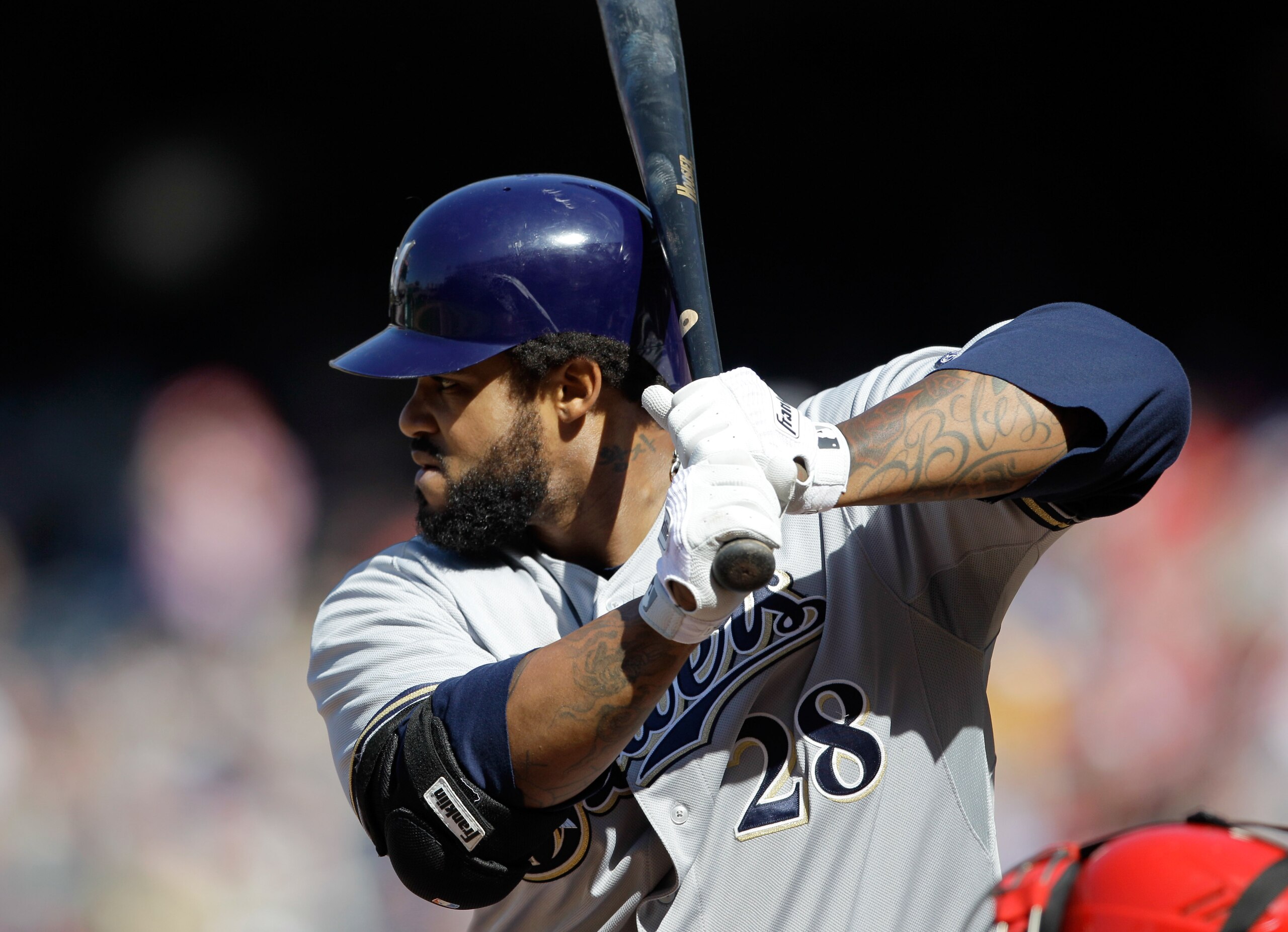 WASHINGTON, DC - APRIL 17:  Prince Fielder #28 of the Milwaukee Brewers at the plate against the Washington Nationals at Nationals Park on April 17, 2011 in Washington, DC.  (Photo by Rob Carr/Getty Images)