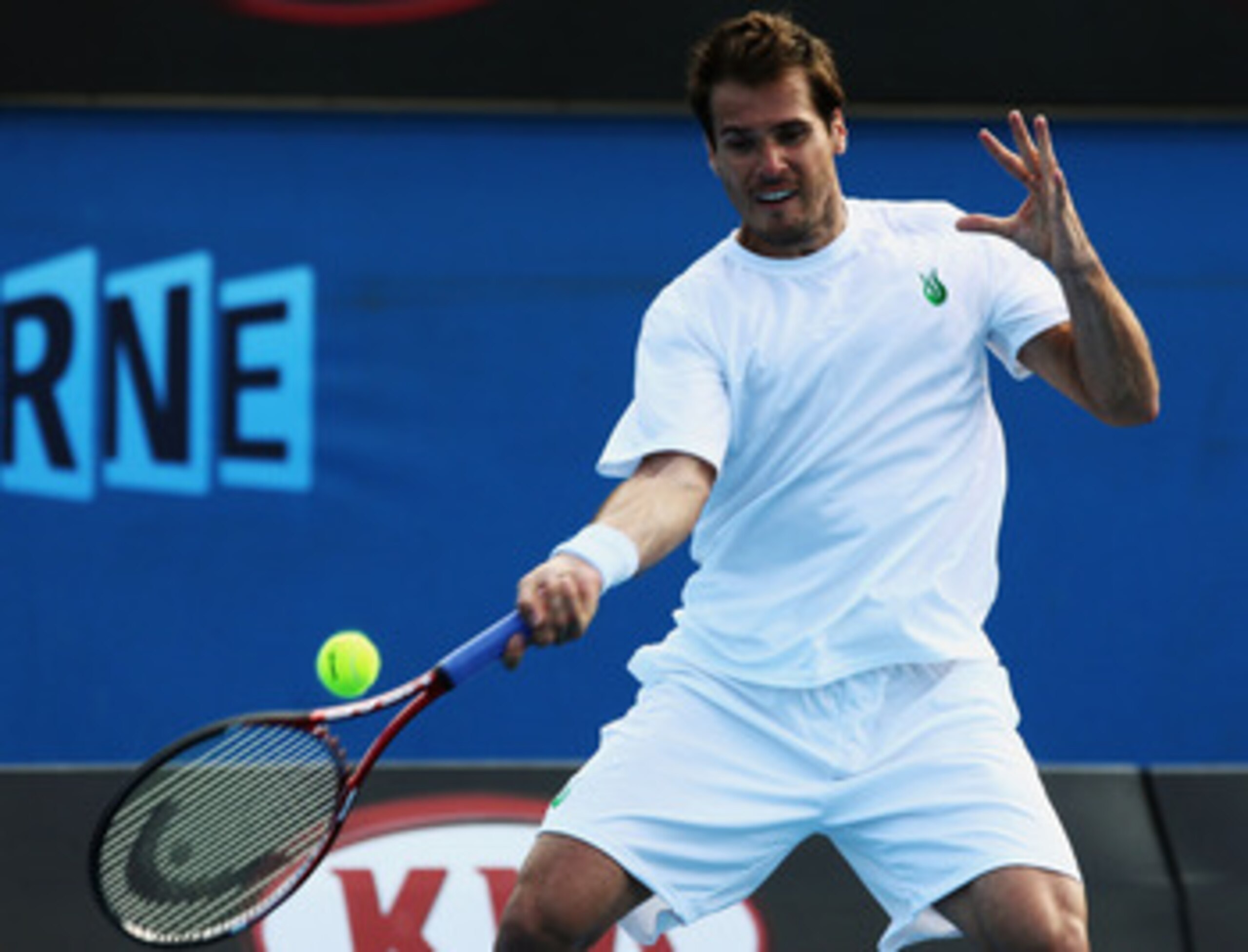 MELBOURNE, AUSTRALIA - JANUARY 19: Tommy Haas of Germany plays a forehand in his first round match against Simon Greul of Germany during day two of the 2010 Australian Open at Melbourne Park on January 19, 2010 in Melbourne, Australia. (Photo by Quinn R MELBOURNE, AUSTRALIA - JANUARY 19: Tommy Haas of Germany plays a forehand in his first round match against Simon Greul of Germany during day two of the 2010 Australian Open at Melbourne Park on January 19, 2010 in Melbourne, Australia. (Photo by Quinn R