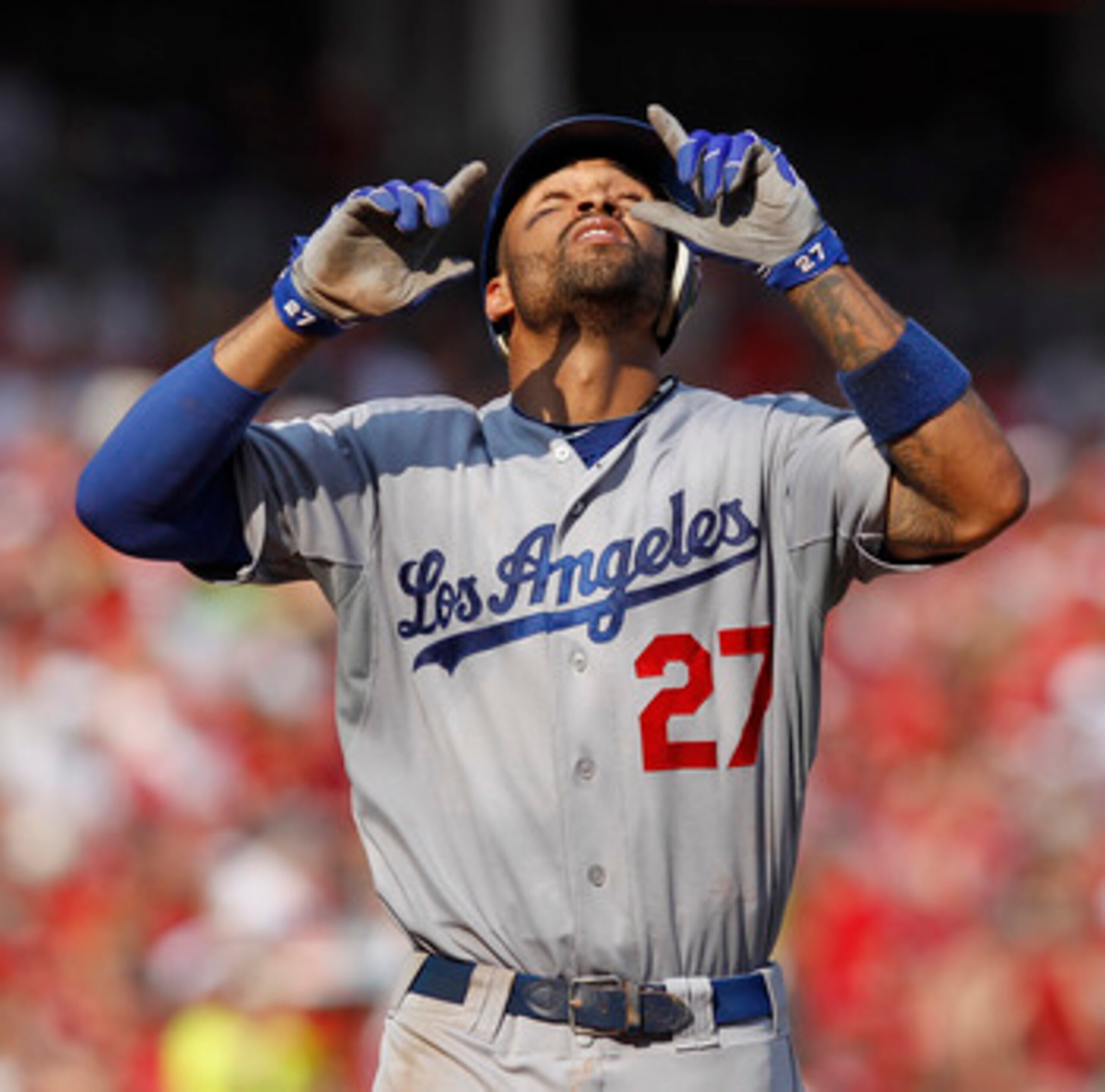 CINCINNATI, OH - JUNE 4: Matt Kemp #27 of the Los Angeles Dodgers celebrates after hitting a home run in the seventh inning against the Cincinnati Reds at Great American Ball Park on June 4, 2011 in Cincinnati, Ohio. Kemp also hit a grand slam in the eigh