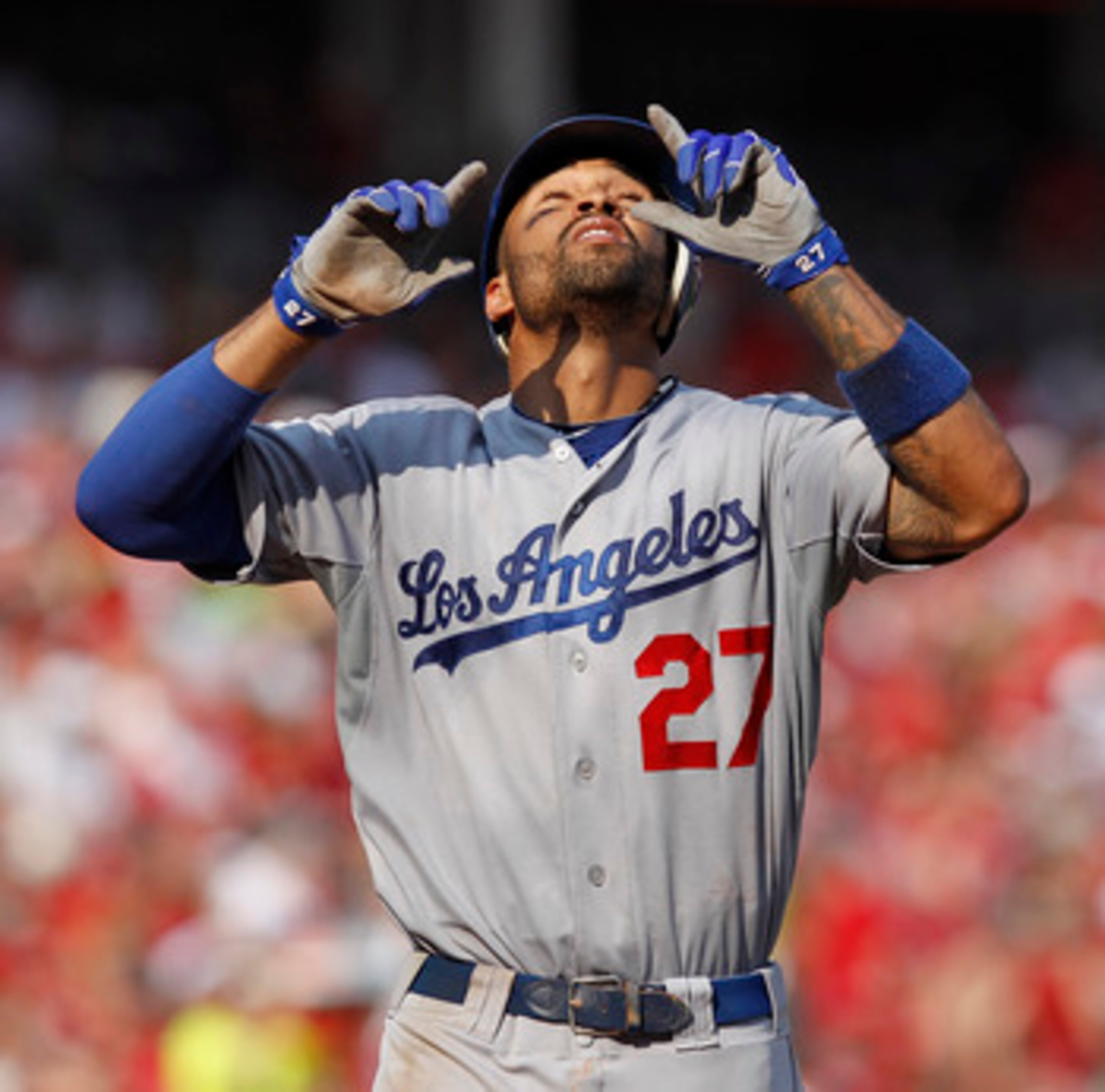 CINCINNATI, OH - JUNE 4: Matt Kemp #27 of the Los Angeles Dodgers celebrates after hitting a home run in the seventh inning against the Cincinnati Reds at Great American Ball Park on June 4, 2011 in Cincinnati, Ohio. Kemp also hit a grand slam in the eigh