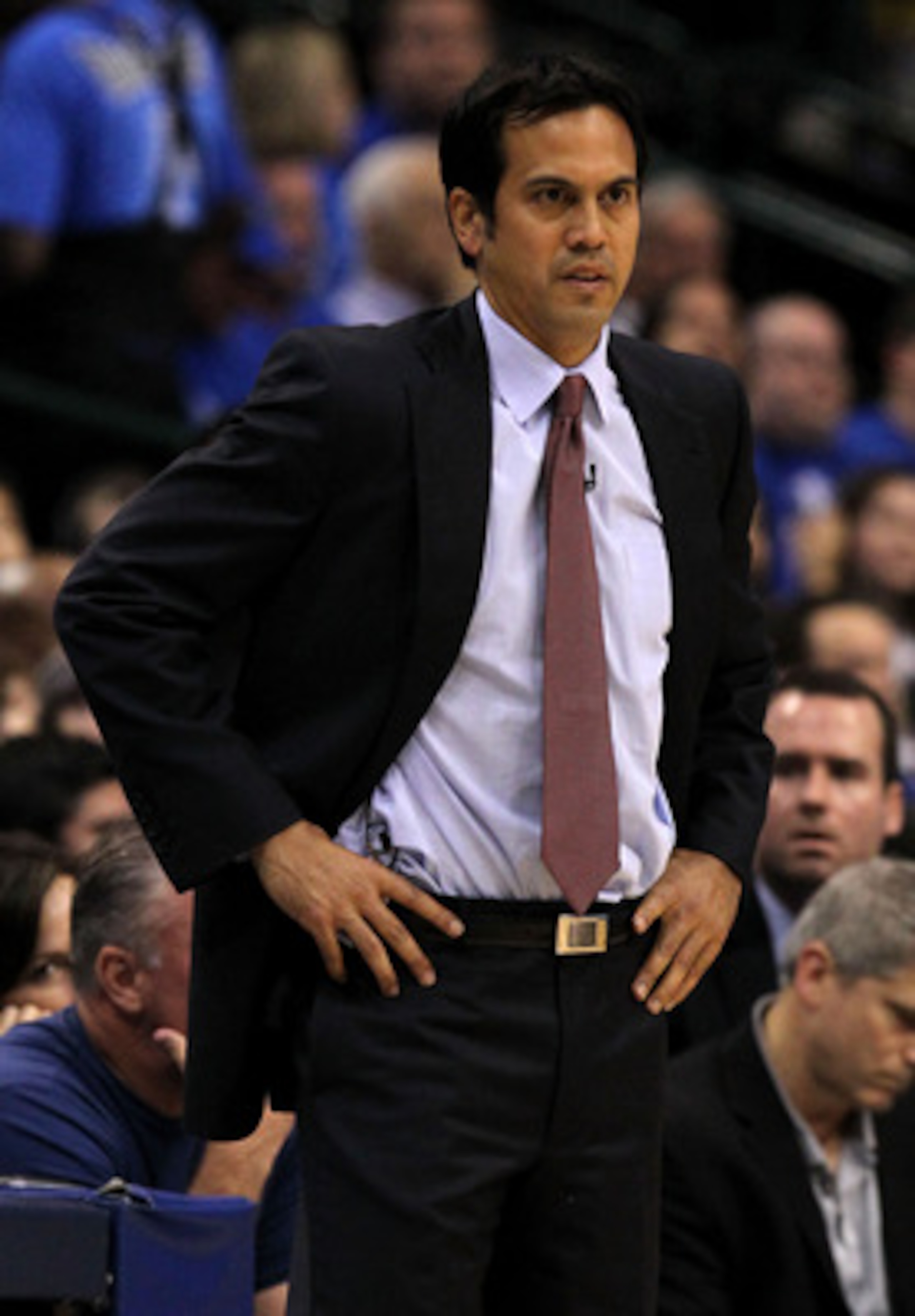 DALLAS, TX - JUNE 05:  Head coach Erik Spoelstra of the Miami Heat looks on in the first half while taking on the Dallas Mavericks in Game Three of the 2011 NBA Finals at American Airlines Center on June 5, 2011 in Dallas, Texas.  NOTE TO USER: User expre