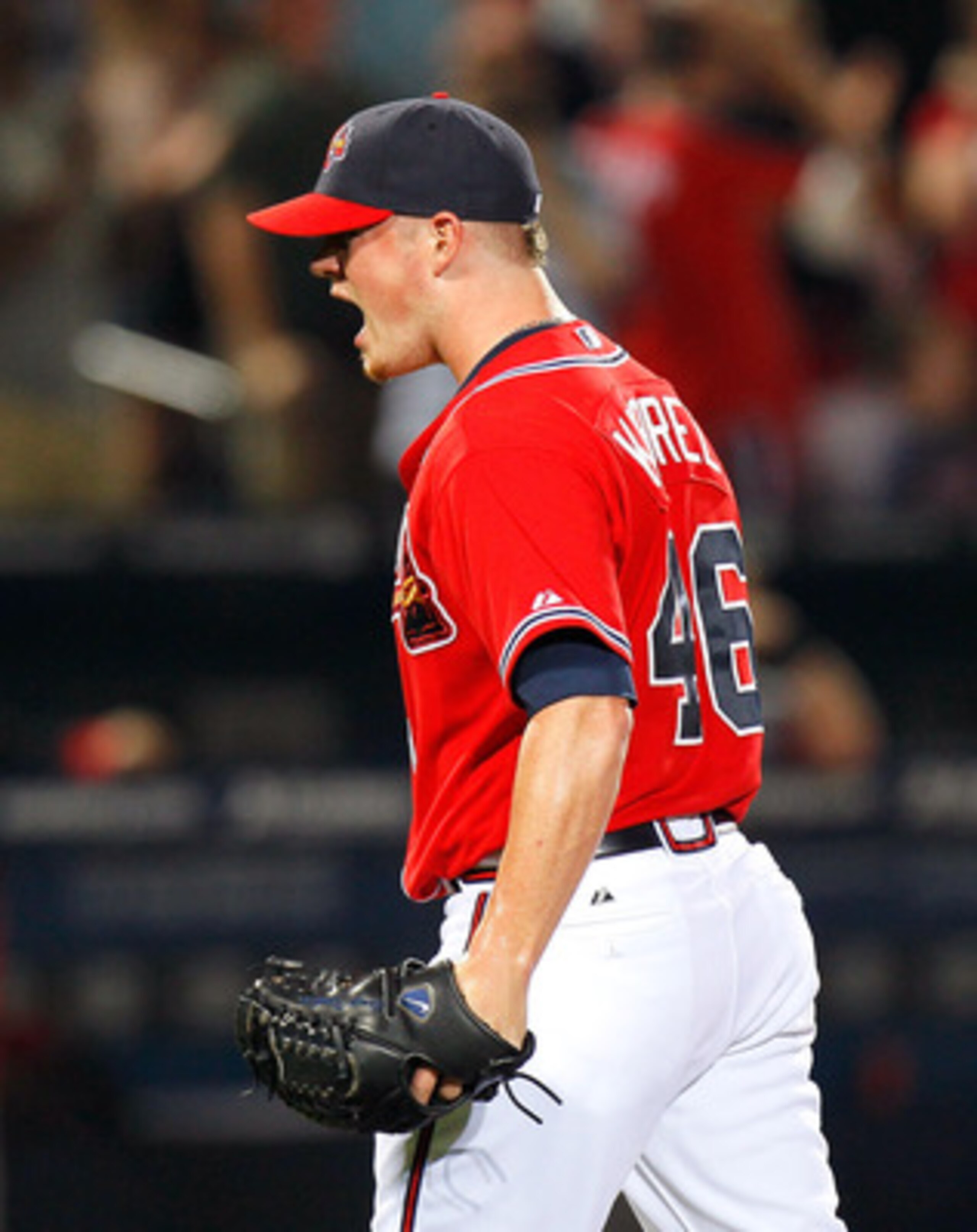 ATLANTA, GA - MAY 29:  Craig Kimbrel #46 of the Atlanta Braves reacts after striking out the last batter in the ninth inning to give the Braves a 2-1 win over the Cincinnati Reds at Turner Field on May 29, 2011 in Atlanta, Georgia.  (Photo by Kevin C. Cox