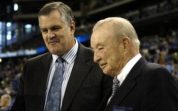 Detroit Lions general manager Matt Millen and owner William Clay Ford on the sidelines during a Thanksgiving Day game, November 24, 2005, at Ford Field, Detroit.  The Atlanta Falcons defeated the Lions 27 - 7.  (Photo by Al Messerschmidt/Getty Images)