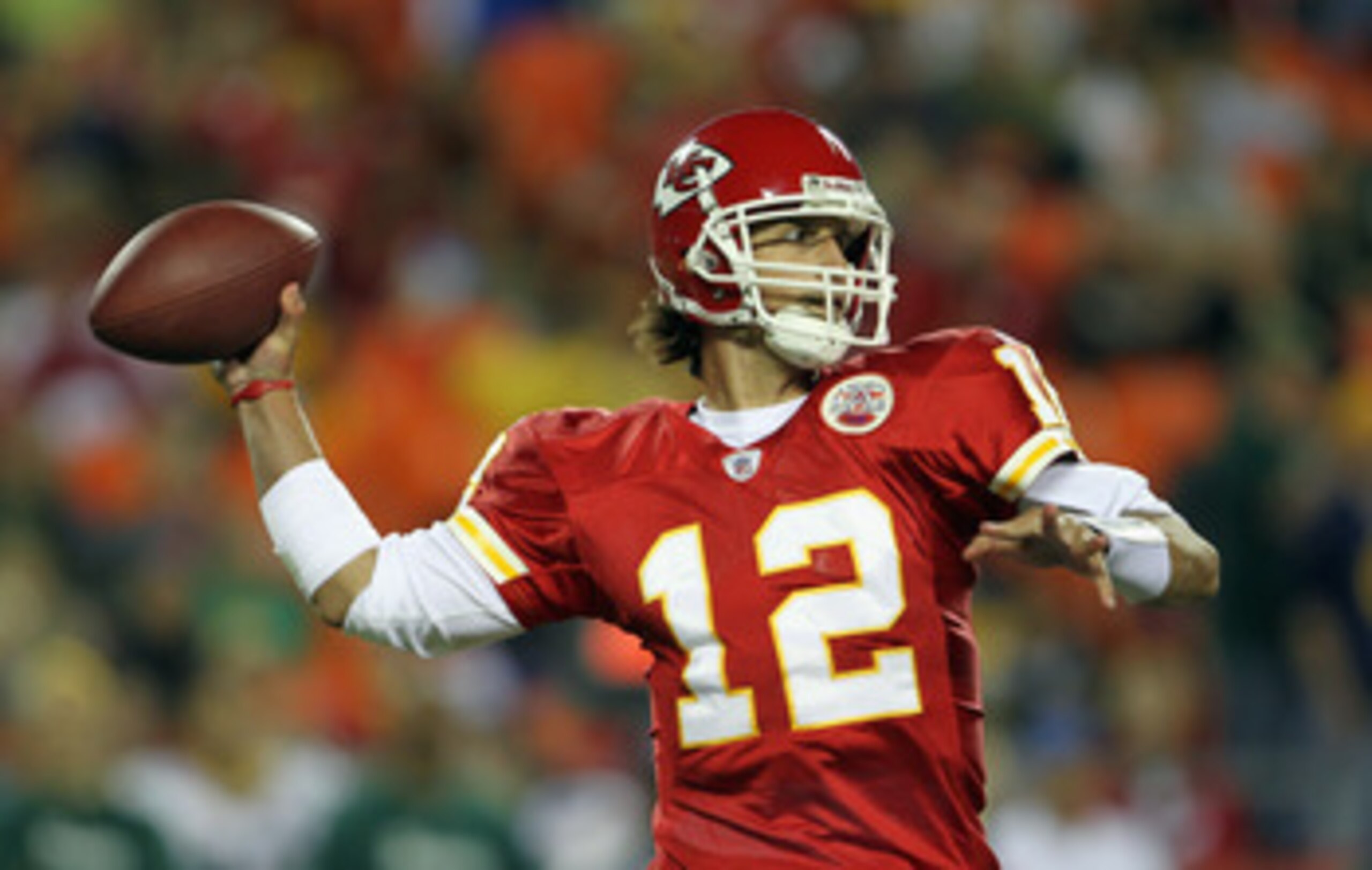 KANSAS CITY, MO - SEPTEMBER 02:  Quarterback Brodie Croyle #12 of the Kansas City Chiefs passes during the game against the Green Bay Packers on September 2, 2010 at Arrowhead Stadium in Kansas City, Missouri.  (Photo by Jamie Squire/Getty Images)