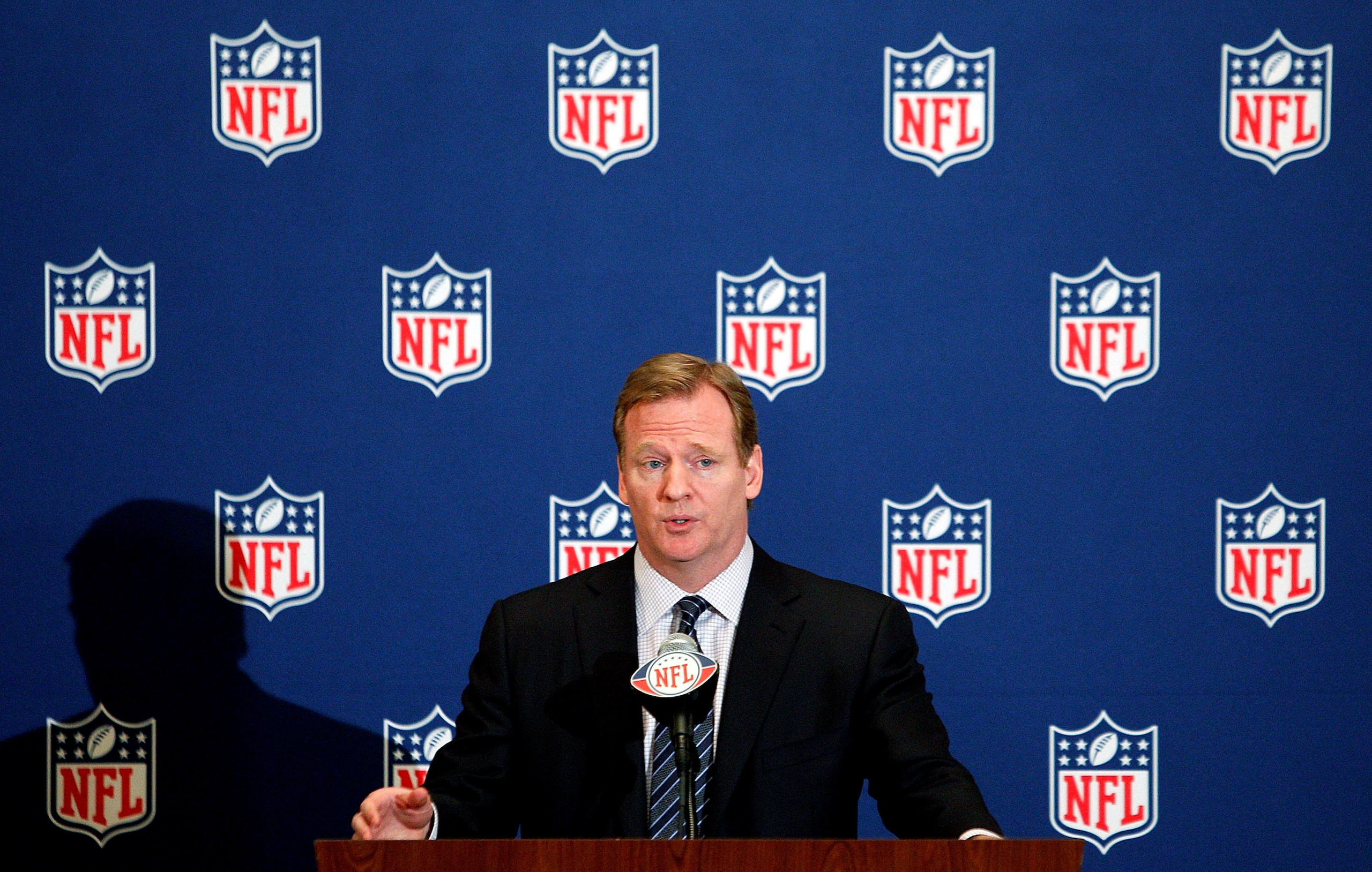 NEW ORLEANS, LA - MARCH 21:  NFL commissioner Roger Goodell addresses the media during the NFL Annual Meetings at the Roosevelt Hotel on March 21, 2011 in New Orleans, Louisiana. Despite a NFL owners imposed lockout in effect since March 12 the league is