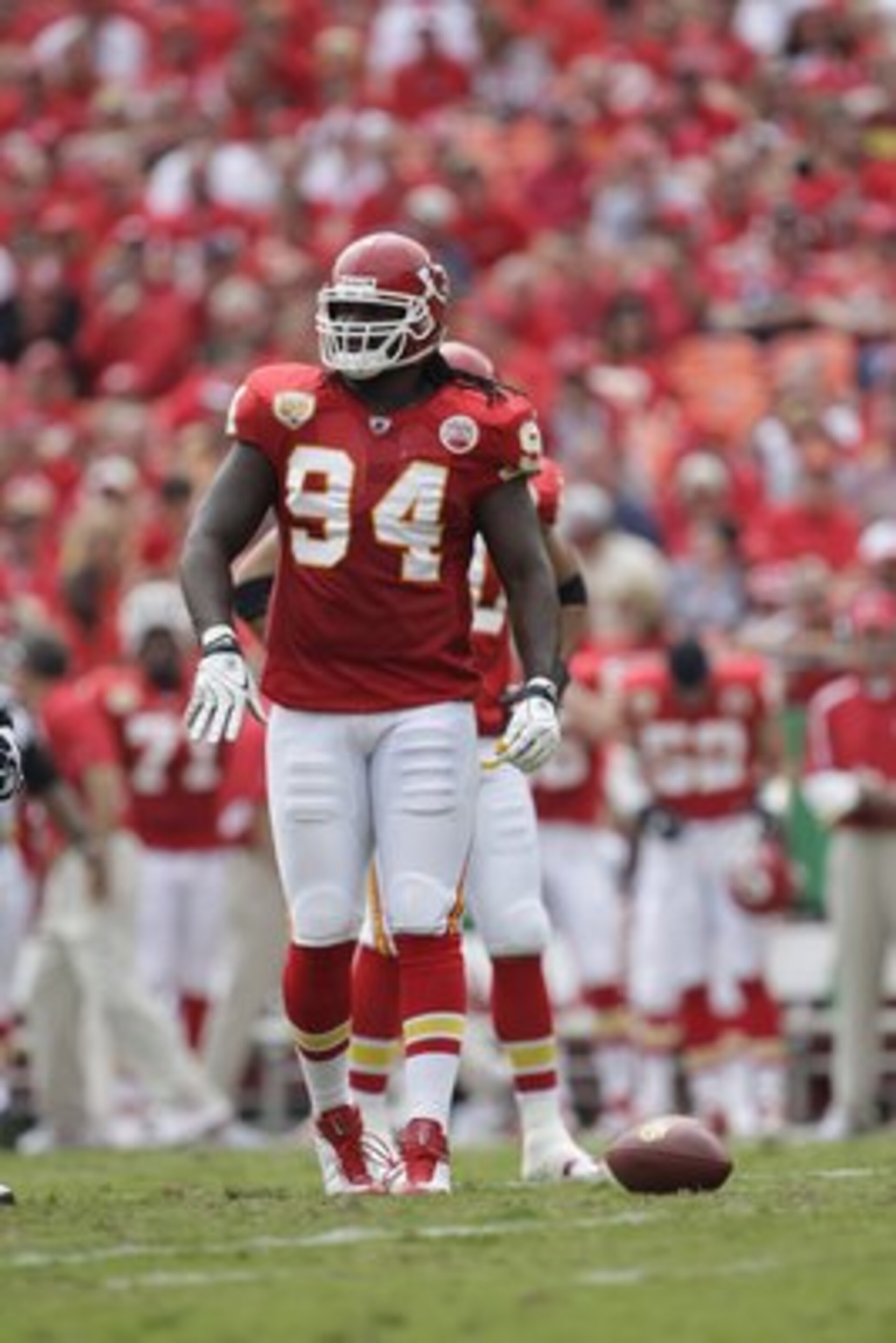 KANSAS CITY, MO - SEPTEMBER 20:  Tyson Jackson #94 of the Kansas City Chiefs looks on during the game against the Oakland Raiders at Arrowhead Stadium on September 20, 2009 in Kansas City, Missouri. (Photo by Jamie Squire/Getty Images)