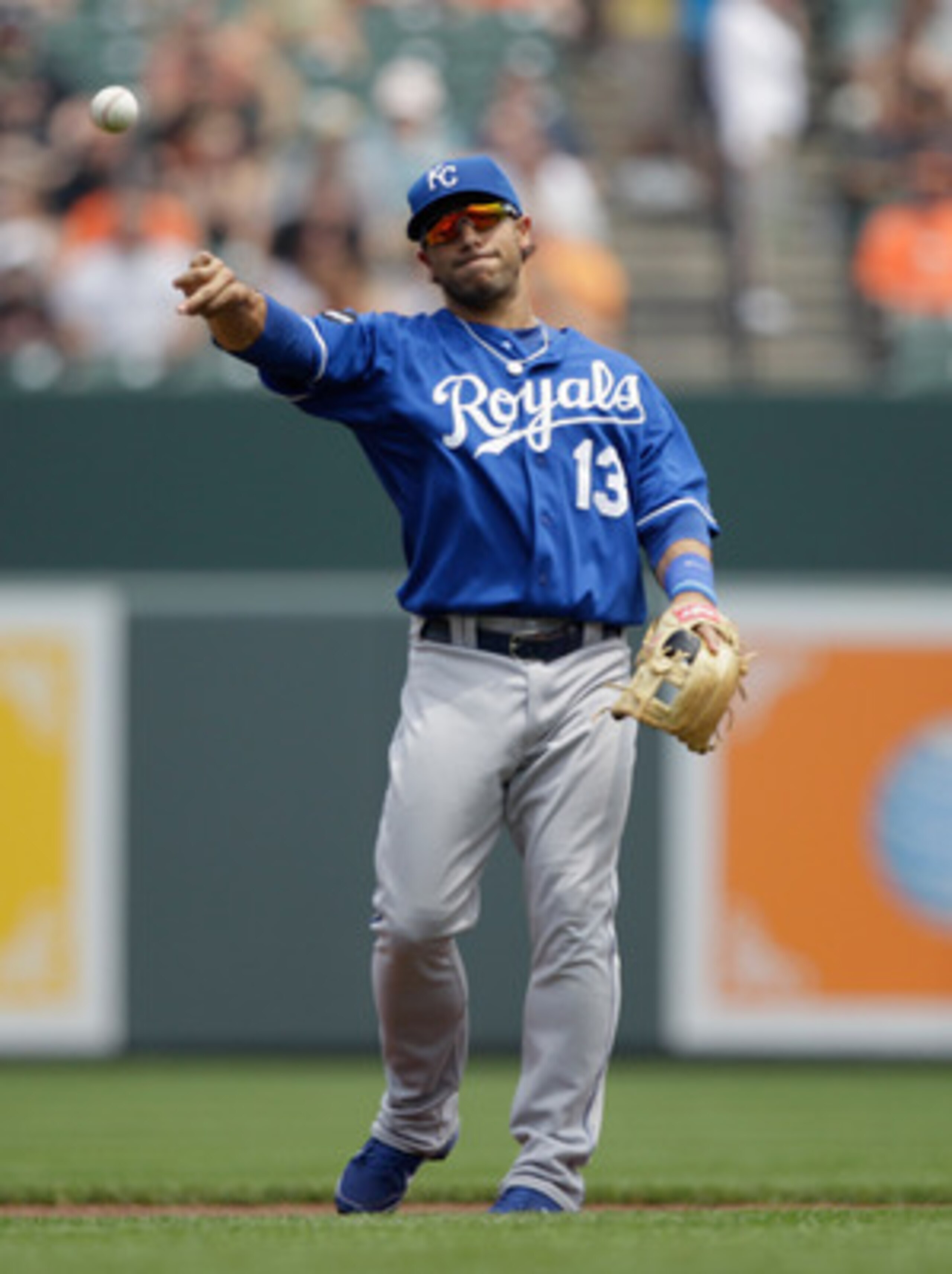 BALTIMORE, MD - MAY 26: Mike Aviles #13 of the Kansas City Royals in action against the Baltimore Orioles at Oriole Park at Camden Yards on May 26, 2011 in Baltimore, Maryland.  (Photo by Rob Carr/Getty Images)