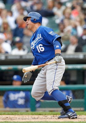 DETROIT, MI - MAY 14:  Billy Butler #16 of the Kansas City Royals doubles to deep left center field during the fourth inning of the game against the Detroit Tigers at Comerica Park on May 14, 2011 in Detroit, Michigan. The Tigers defeated the Royals 3-0. 