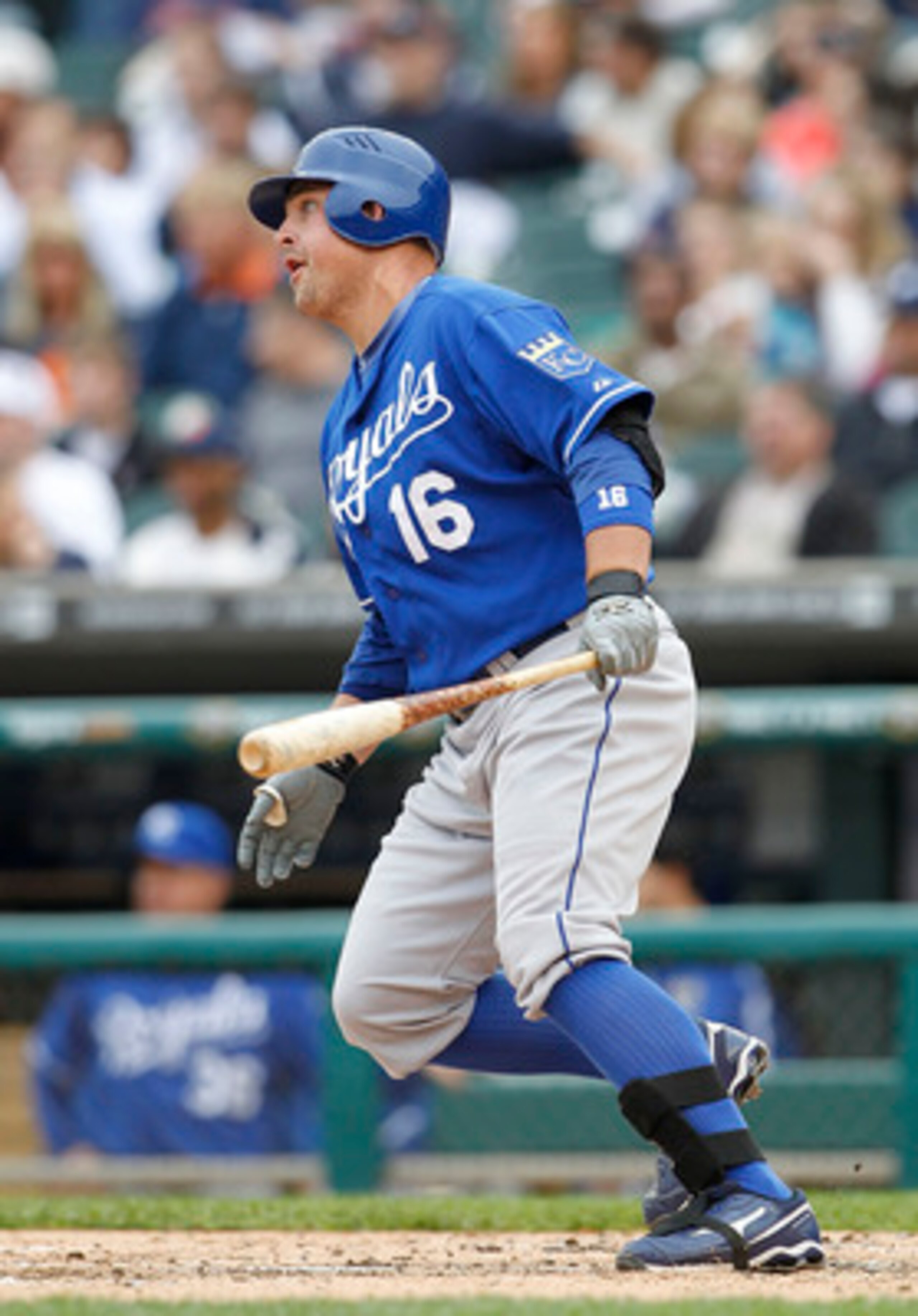 DETROIT, MI - MAY 14:  Billy Butler #16 of the Kansas City Royals doubles to deep left center field during the fourth inning of the game against the Detroit Tigers at Comerica Park on May 14, 2011 in Detroit, Michigan. The Tigers defeated the Royals 3-0. 