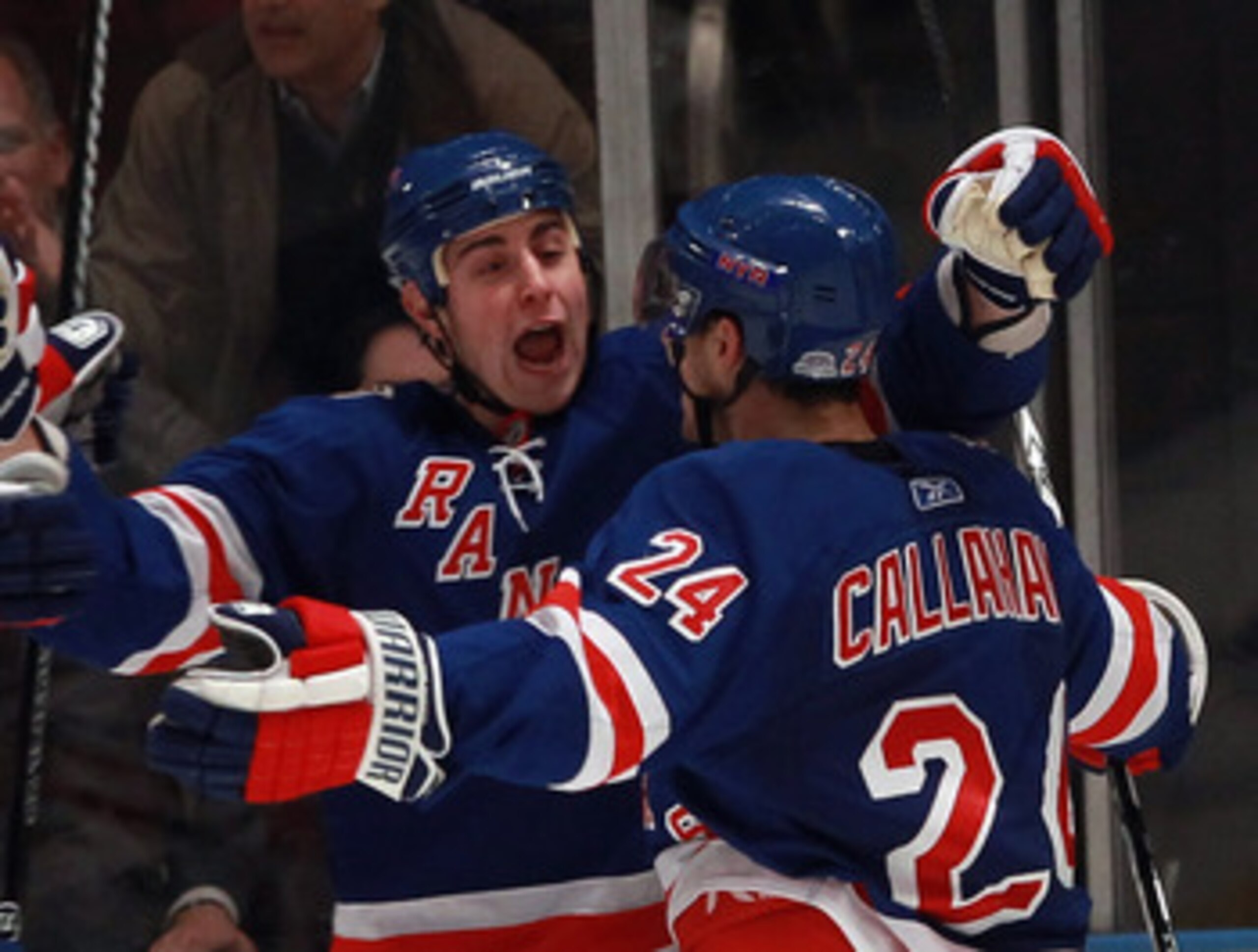 NEW YORK - NOVEMBER 01:  (L-R) Brandon Dubinsky #17 and Ryan Callahan #24 of the New York Rangers celebrate Dubinsky's second goal of the game at 55 seconds of the third period against the Chicago Blackhawks at Madison Square Garden on November 1, 2010 in