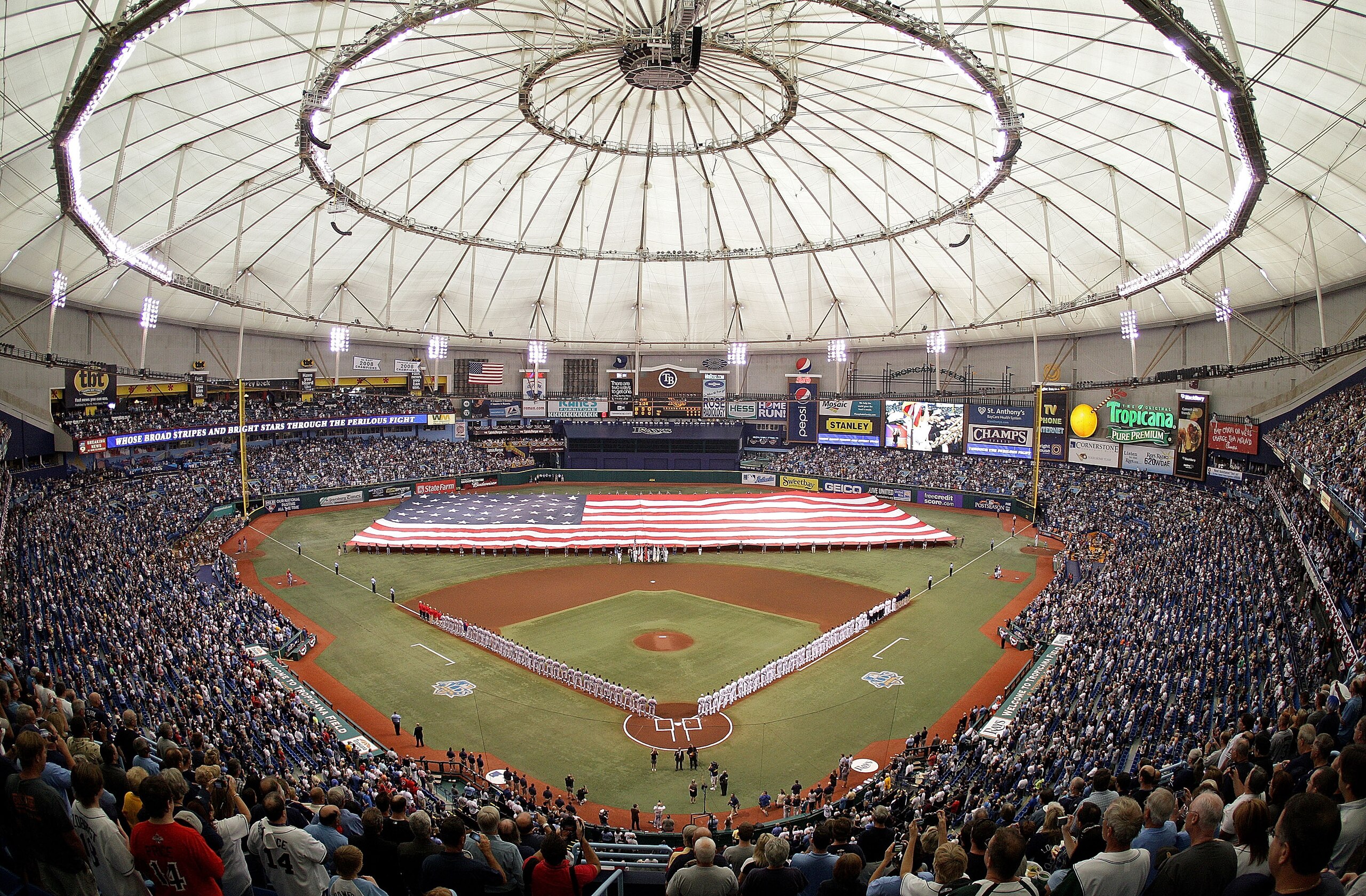 ST PETERSBURG, FL - OCTOBER 06:  6: A flag is displayed on the field before Game 1 of the ALDS between the Tampa Bay Rays and the Texas Rangers at Tropicana Field on October 6, 2010 in St. Petersburg, Florida.  (Photo by Mike Ehrmann/Getty Images)