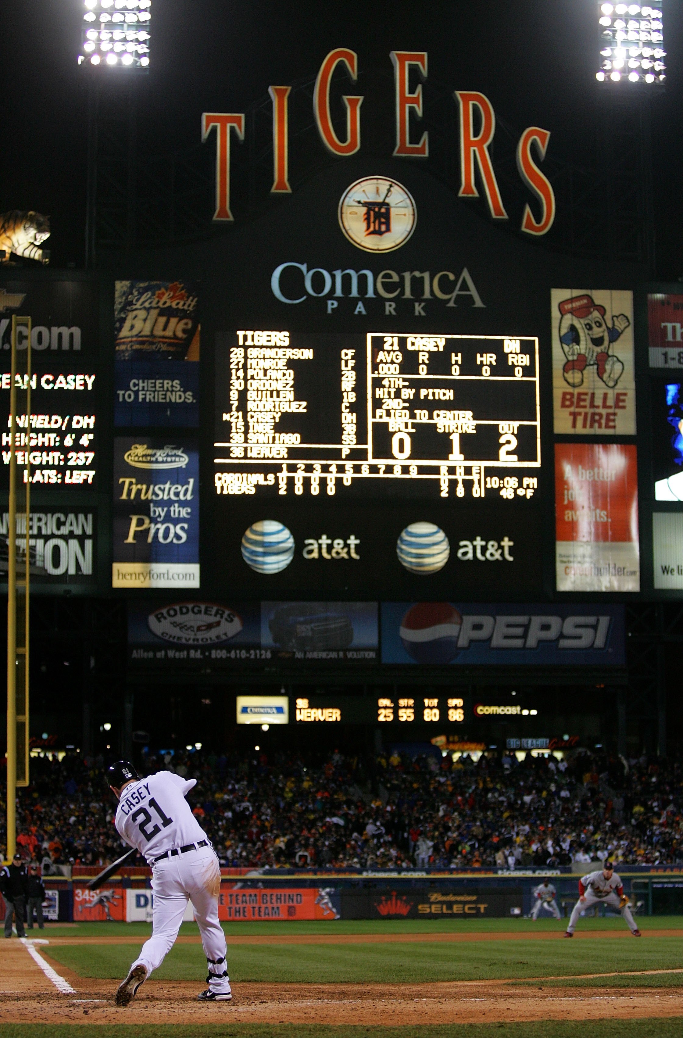 DETROIT - OCTOBER 22:  Sean Casey #21 of the Detroit Tigers hits a RBI single to score Carlos Guillen #9 in the fifth inning against the St. Louis Cardinals during Game Two of 2006 World Series October 22, 2006 at Comerica Park in Detroit, Michigan.   (Ph