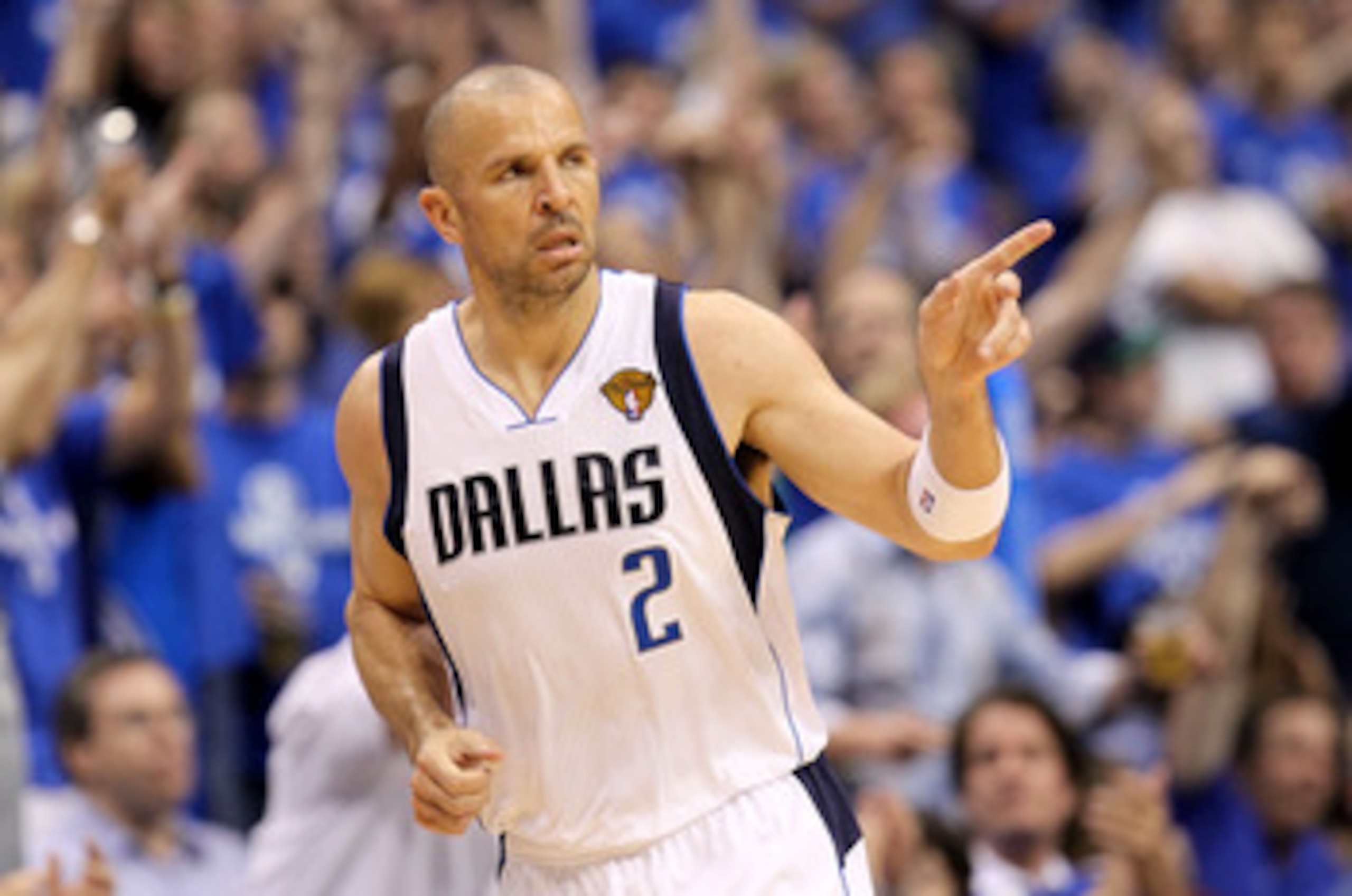 DALLAS, TX - JUNE 05:  Jason Kidd #2 of the Dallas Mavericks reacts after making a three-pointer in the third quarter against the Miami Heat in Game Three of the 2011 NBA Finals at American Airlines Center on June 5, 2011 in Dallas, Texas.  NOTE TO USER: