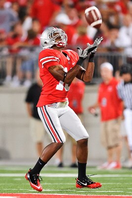 COLUMBUS, OH - SEPTEMBER 2: Corey Brown #10 of the Ohio State Buckeyes receives a punt against the Marshall Thundering Herd at Ohio Stadium on September 2, 2010 in Columbus, Ohio. (Photo by Jamie Sabau/Getty Images)