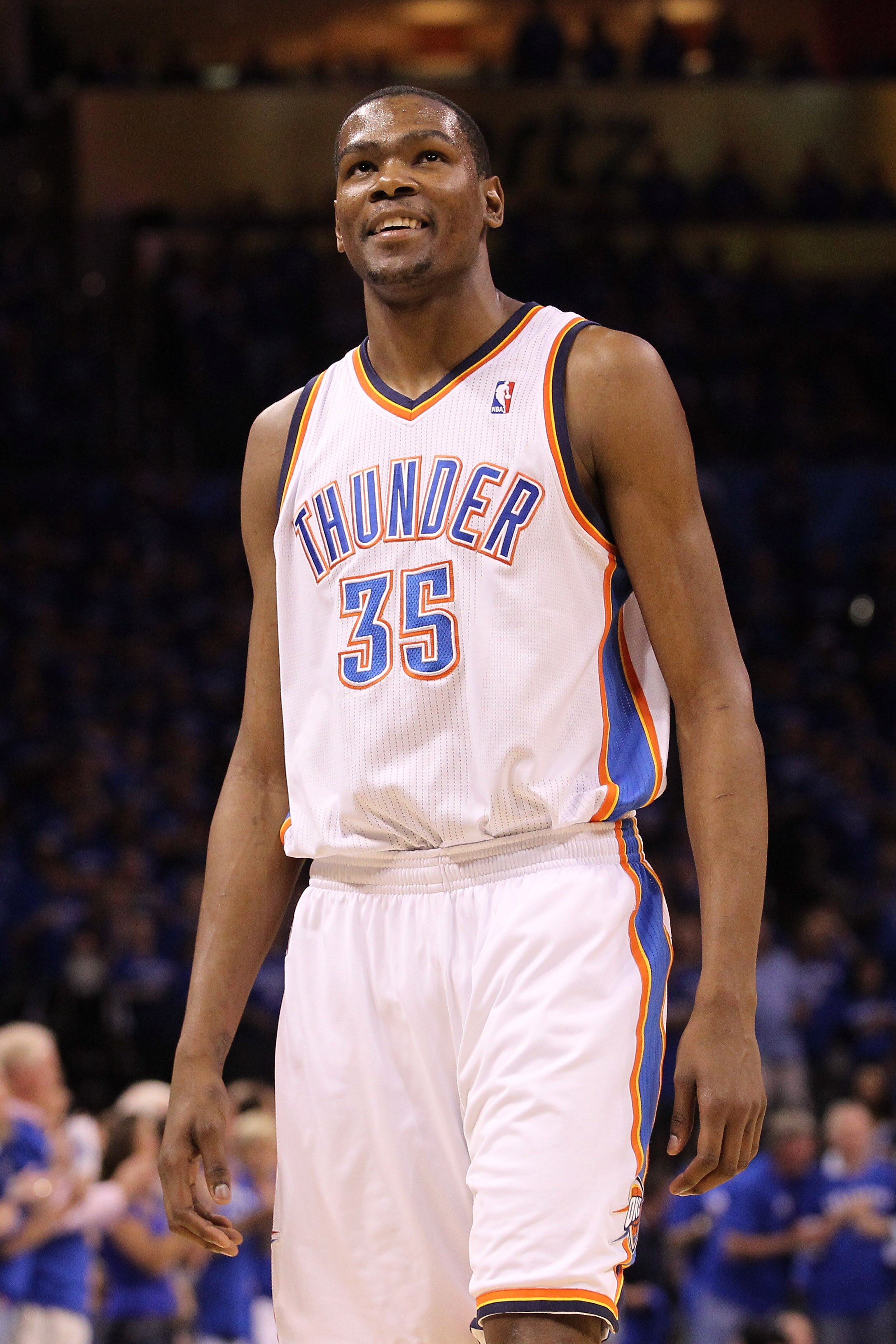 OKLAHOMA CITY, OK - MAY 23:  Kevin Durant #35 of the Oklahoma City Thunder smiles in the first quarter while taking on the Dallas Mavericks in Game Four of the Western Conference Finals during the 2011 NBA Playoffs at Oklahoma City Arena on May 23, 2011 i