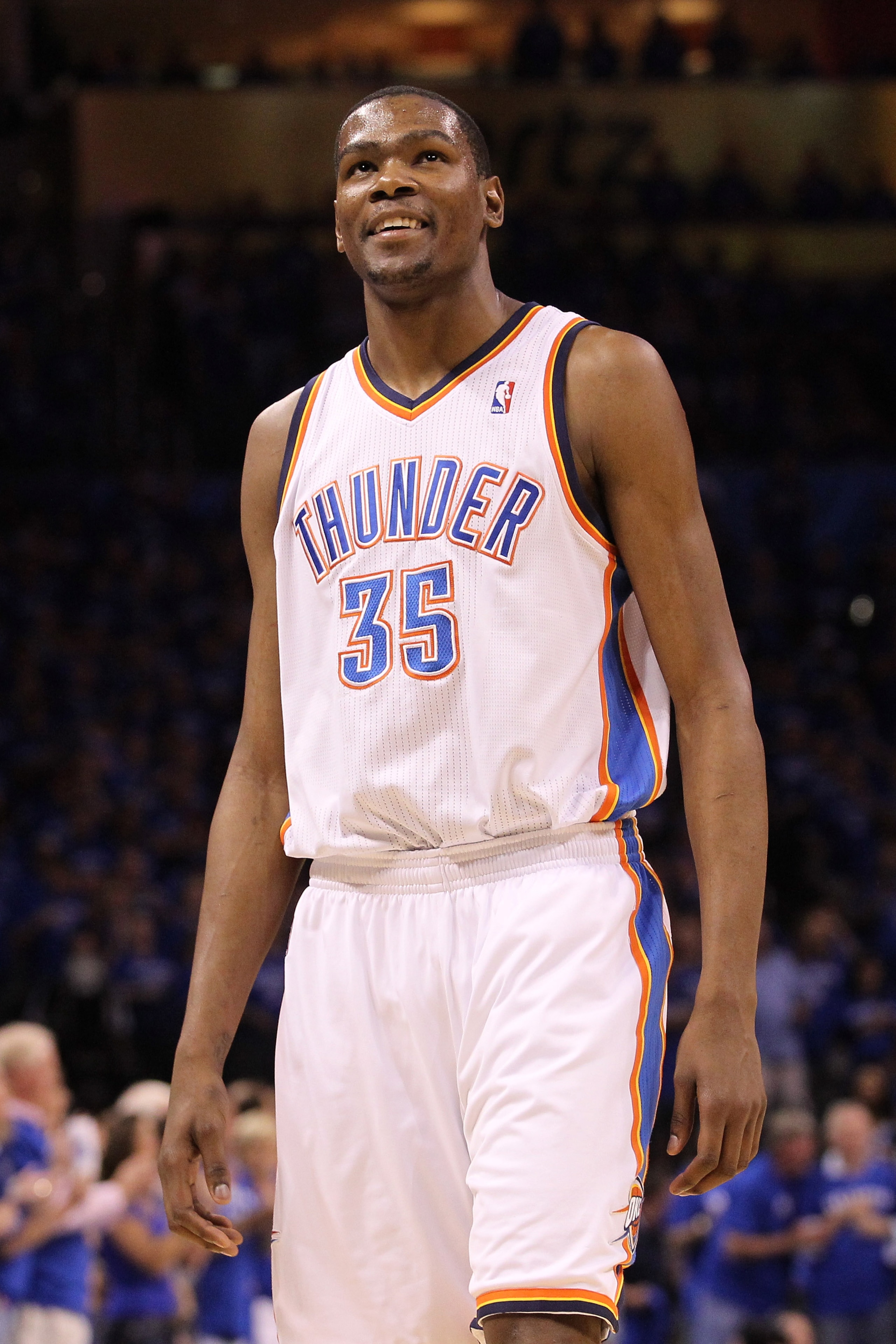 OKLAHOMA CITY, OK - MAY 23:  Kevin Durant #35 of the Oklahoma City Thunder smiles in the first quarter while taking on the Dallas Mavericks in Game Four of the Western Conference Finals during the 2011 NBA Playoffs at Oklahoma City Arena on May 23, 2011 i