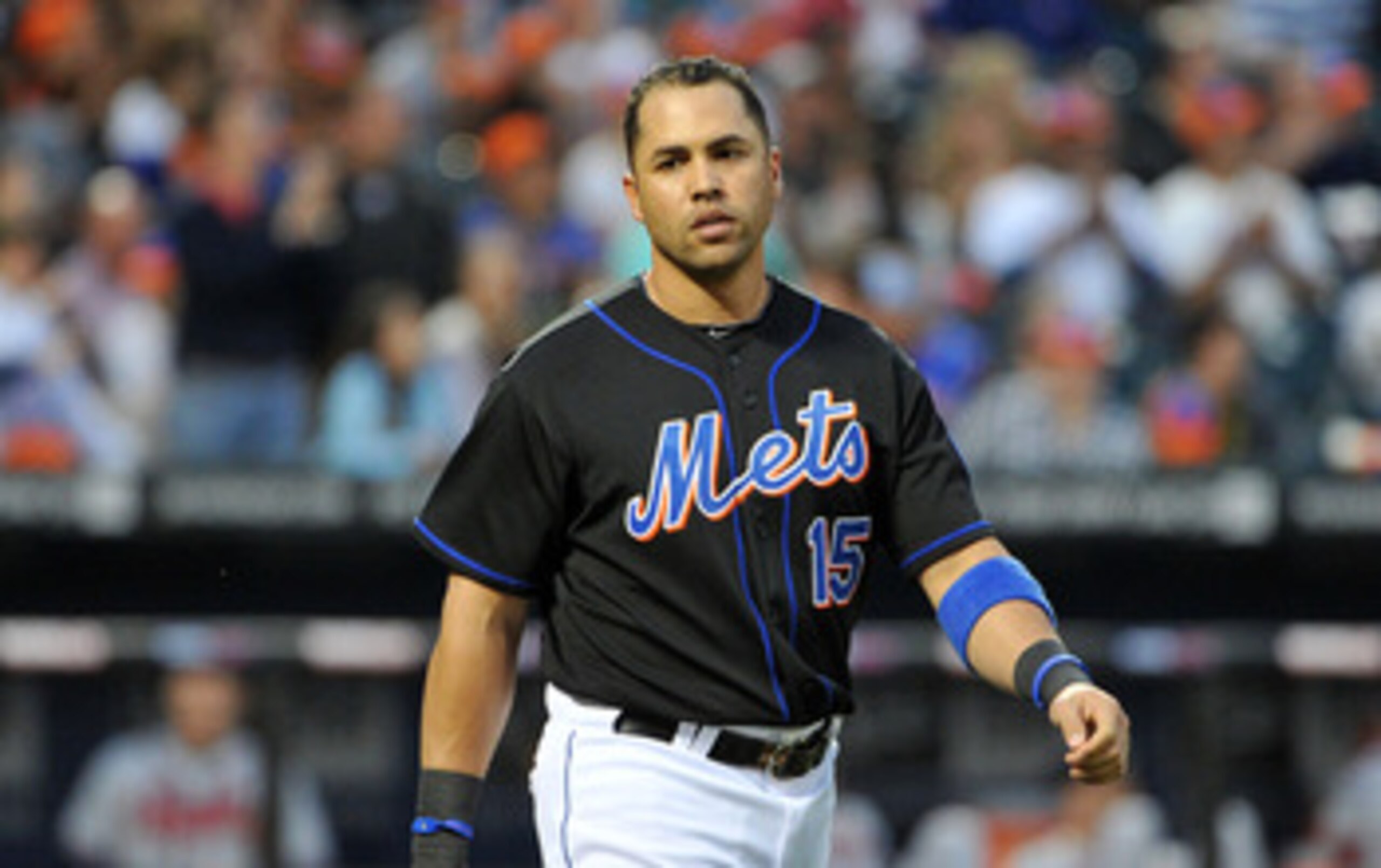 NEW YORK, NY - JUNE 04: Carlos Beltran #15 of the New York Mets reacts after striking out to end the bottom of the third inning against the Atlanta Braves at Citi Field on June 4, 2011 in the Flushing neighborhood of the Queens borough of New York City. (