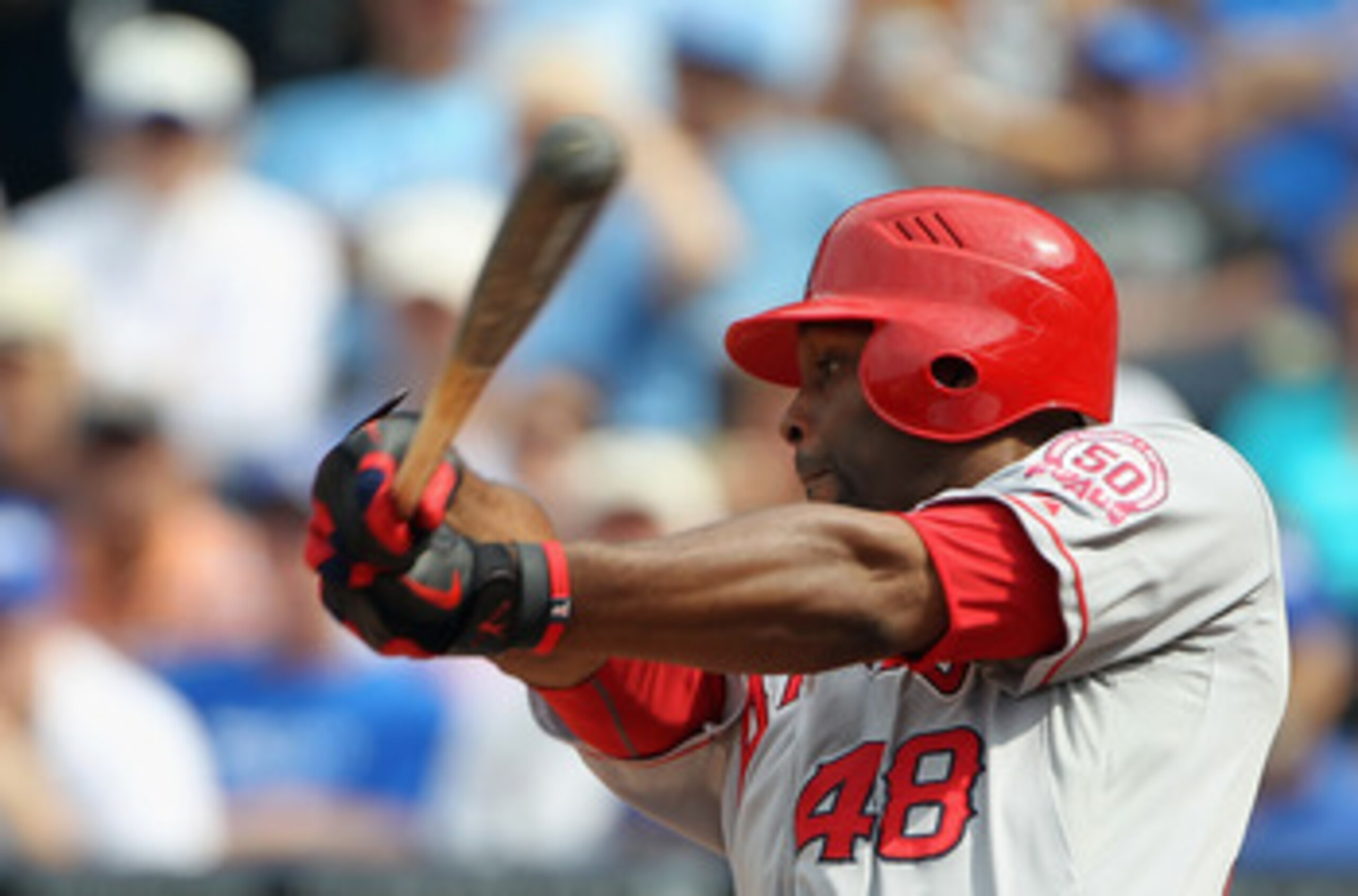 KANSAS CITY, MO - MAY 30:  Torii Hunter #48 of the Los Angeles Angels of Anaheim bats during the game against the Kansas City Royals on May 30, 2011 at Kauffman Stadium in Kansas City, Missouri.  (Photo by Jamie Squire/Getty Images)